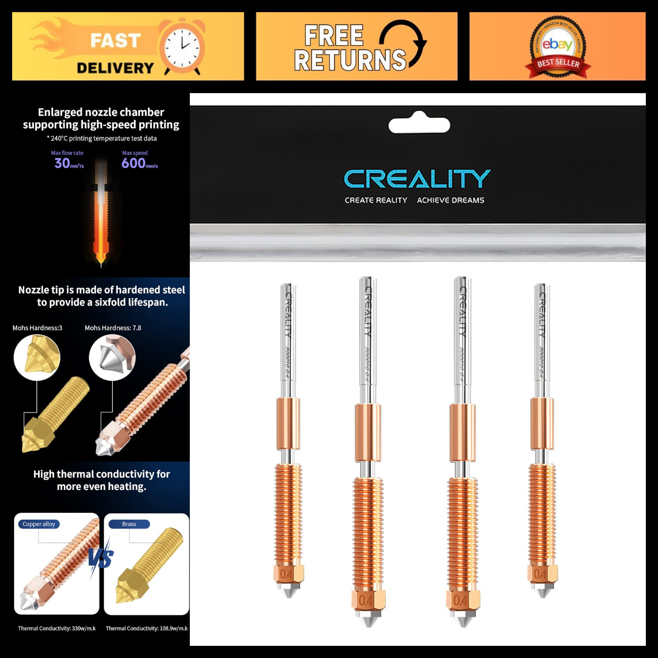 High-Performance 3D Printer Nozzles - 0.4mm, Titanium Alloy Heat Break, 4PCS Set
