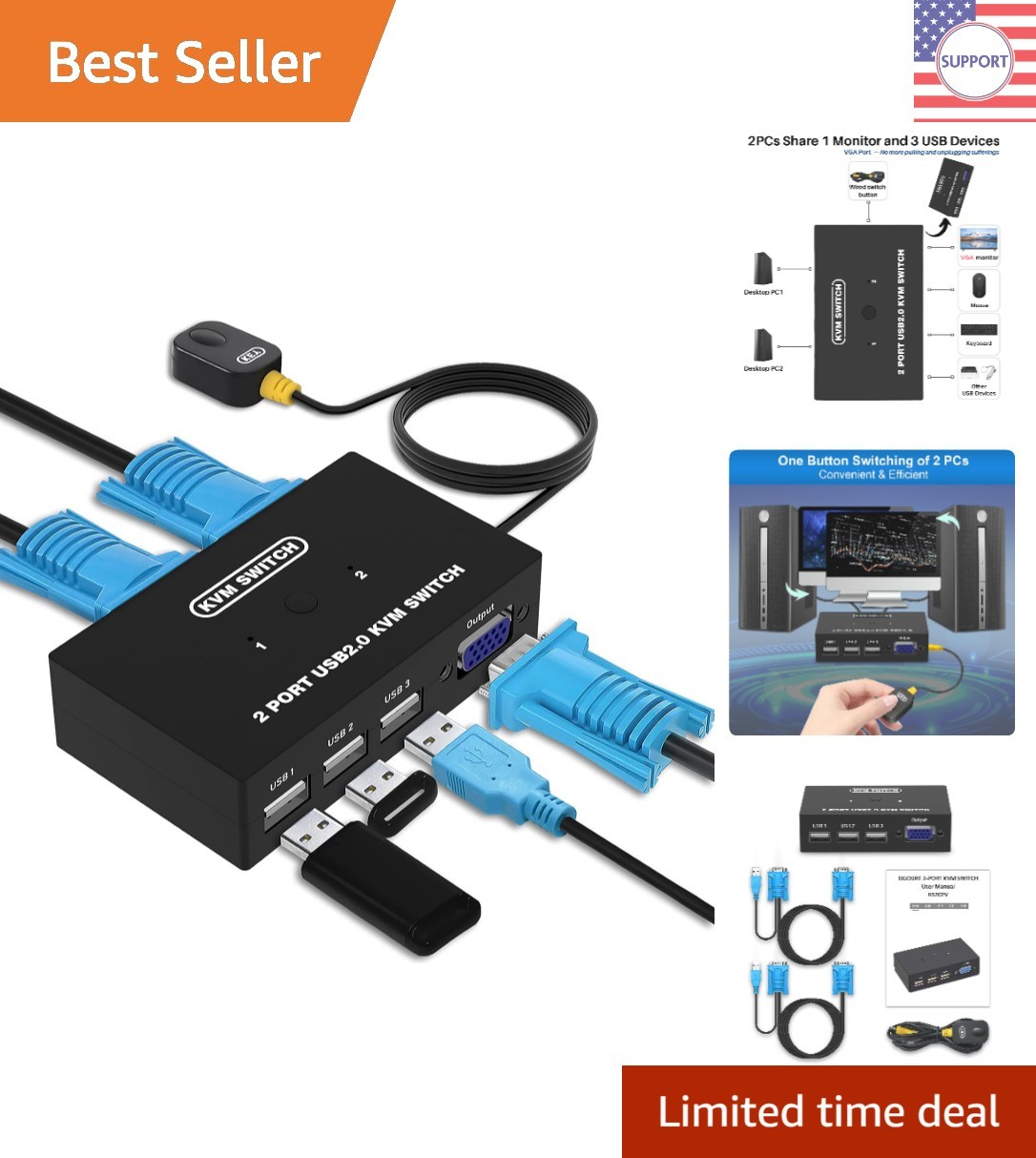 Effortless Switching with 2-Ports USB VGA KVM Switch for Dual Computer Setup