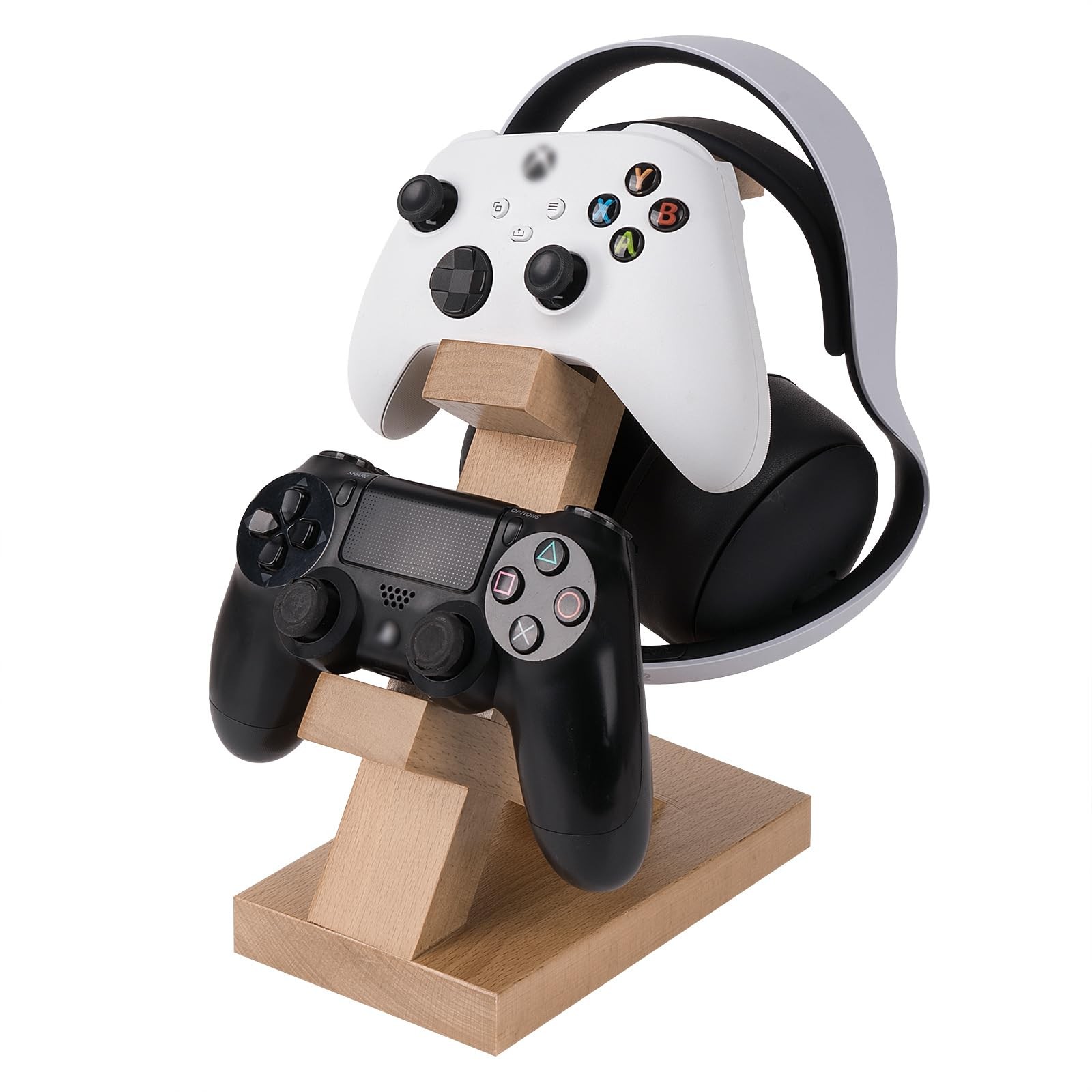 Solid Wood Dual Gamepad and Headphone Stand, Controller Storage Holder for PS...