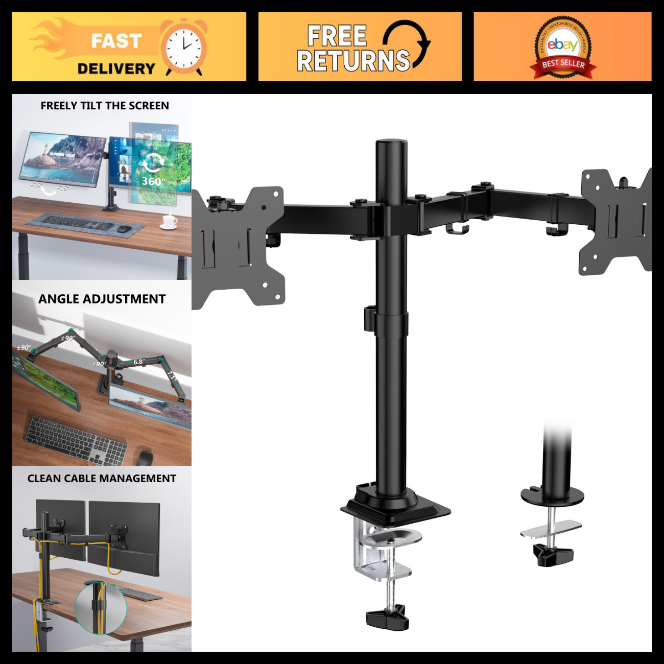 Dual Monitor Stand Articulating Mount for 13-32" Screens, Holds 22 lbs/Arm