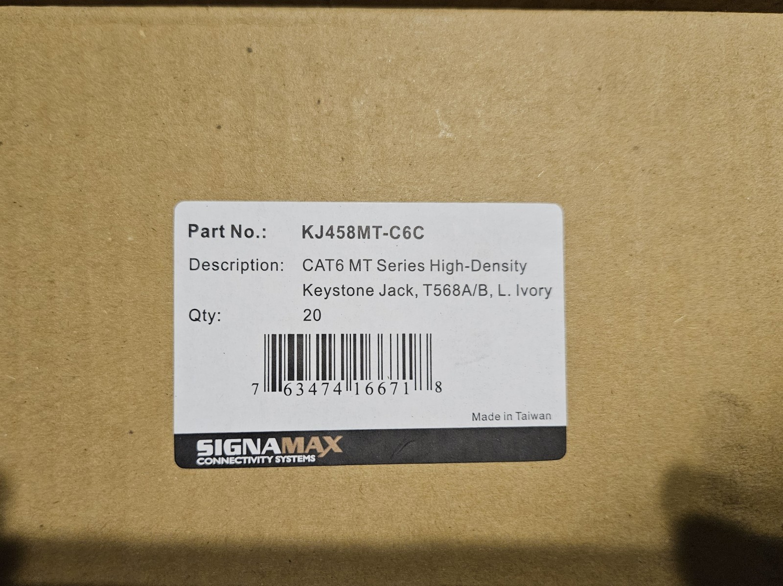 IVORY  Cat6 Jack - Box of 20 - Signamax KJ458MT-C6C  MT Series Keystone 