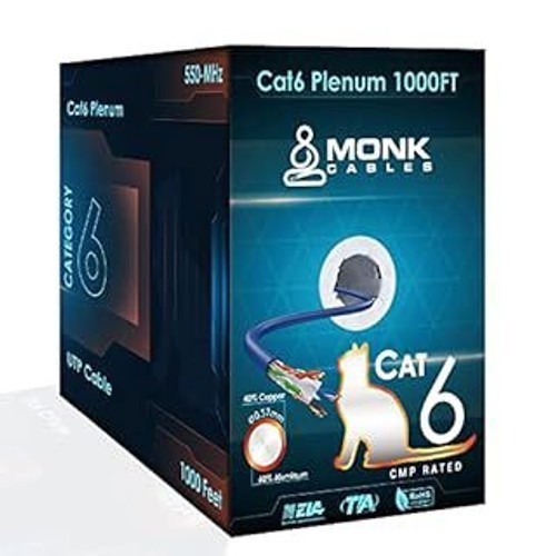 MONK CABLES | CAT6 Plenum Cable 1000ft | UTP, 23AWG, 550MHz | DSX8000 Certified