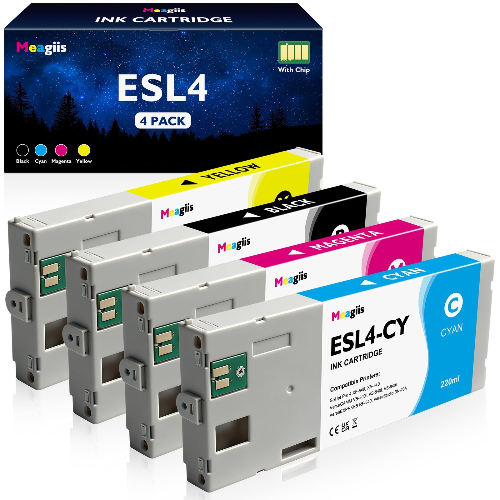 Meagiis ESL4 Ink Cartridges 220ml Compatible for Roland 220ml, BK, C, M, Y