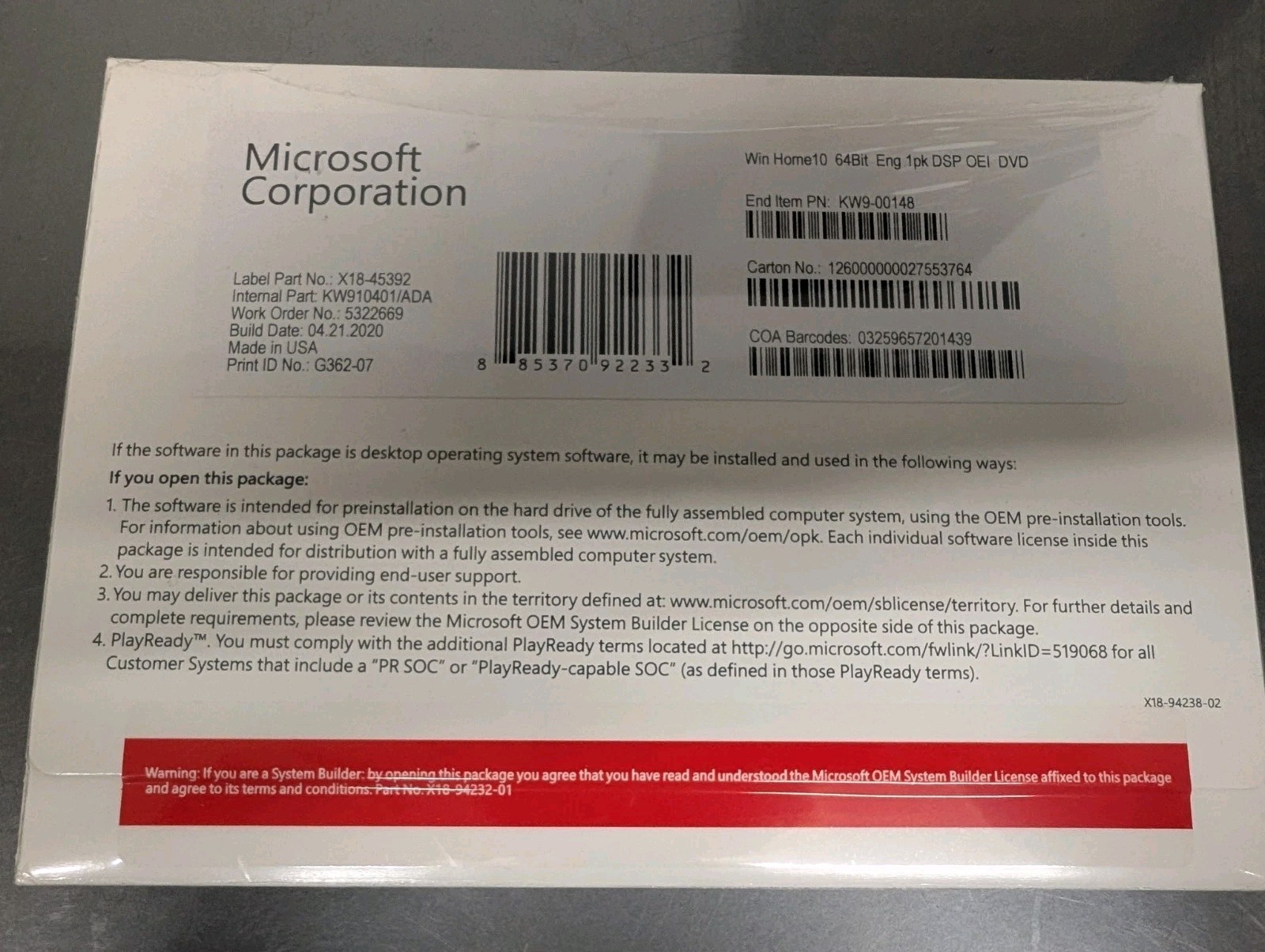 Win 10 Home 64 bit DVD with Product License Key New Sealed 