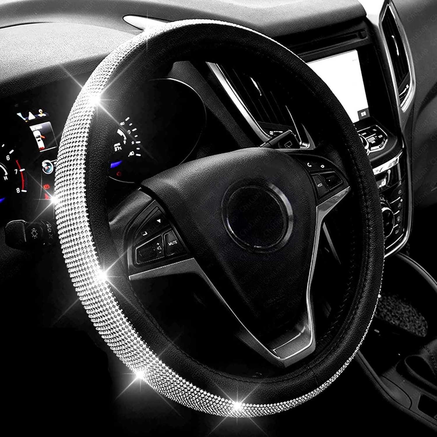 New Diamond Leather Steering Wheel Cover with Bling Bling Crystal Rhinestones...