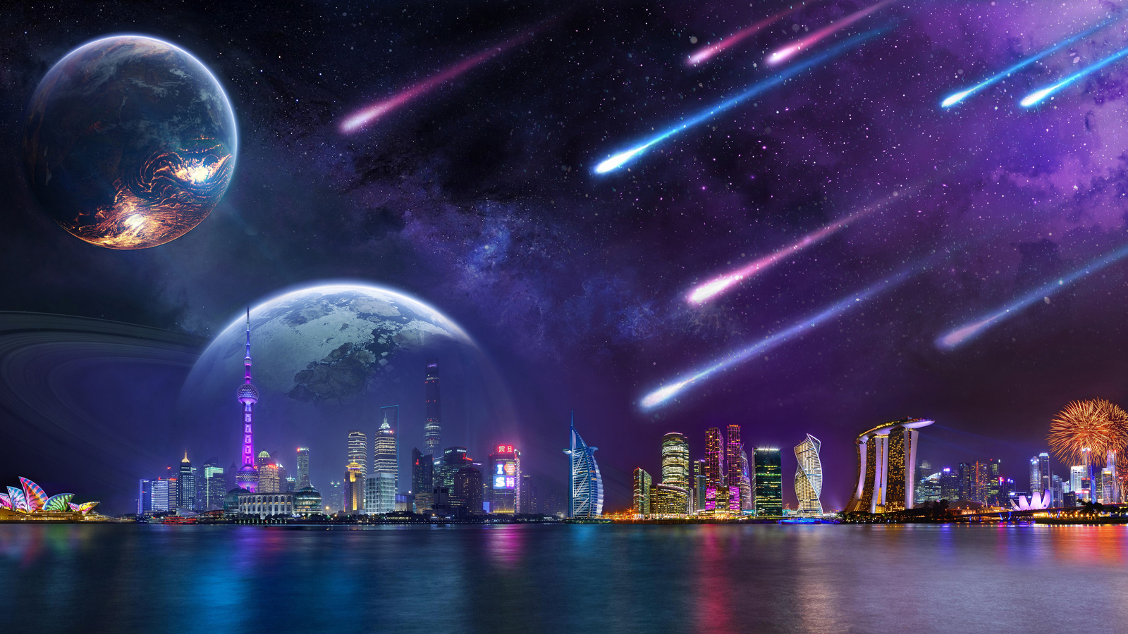 Landscape city lights tower architecture skyscraper art Custom Gaming Mat Desk