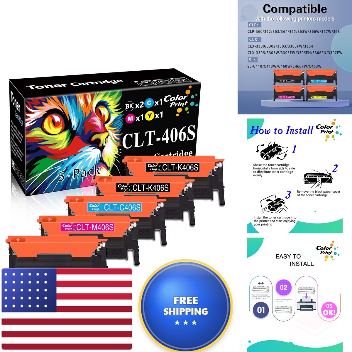 ColorPrint CLT-406S Toner Cartridge 5-Pack for Samsung (2BK, 1C, 1M, 1Y)