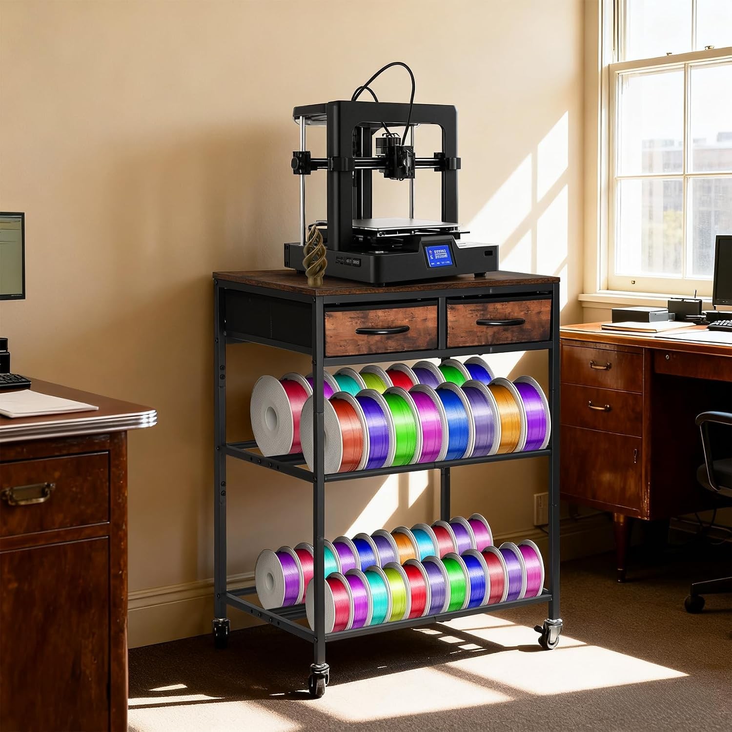 3D Printer Filament Storage Shelf W/ Drawers& Wheels Heavy Duty 2-Tier