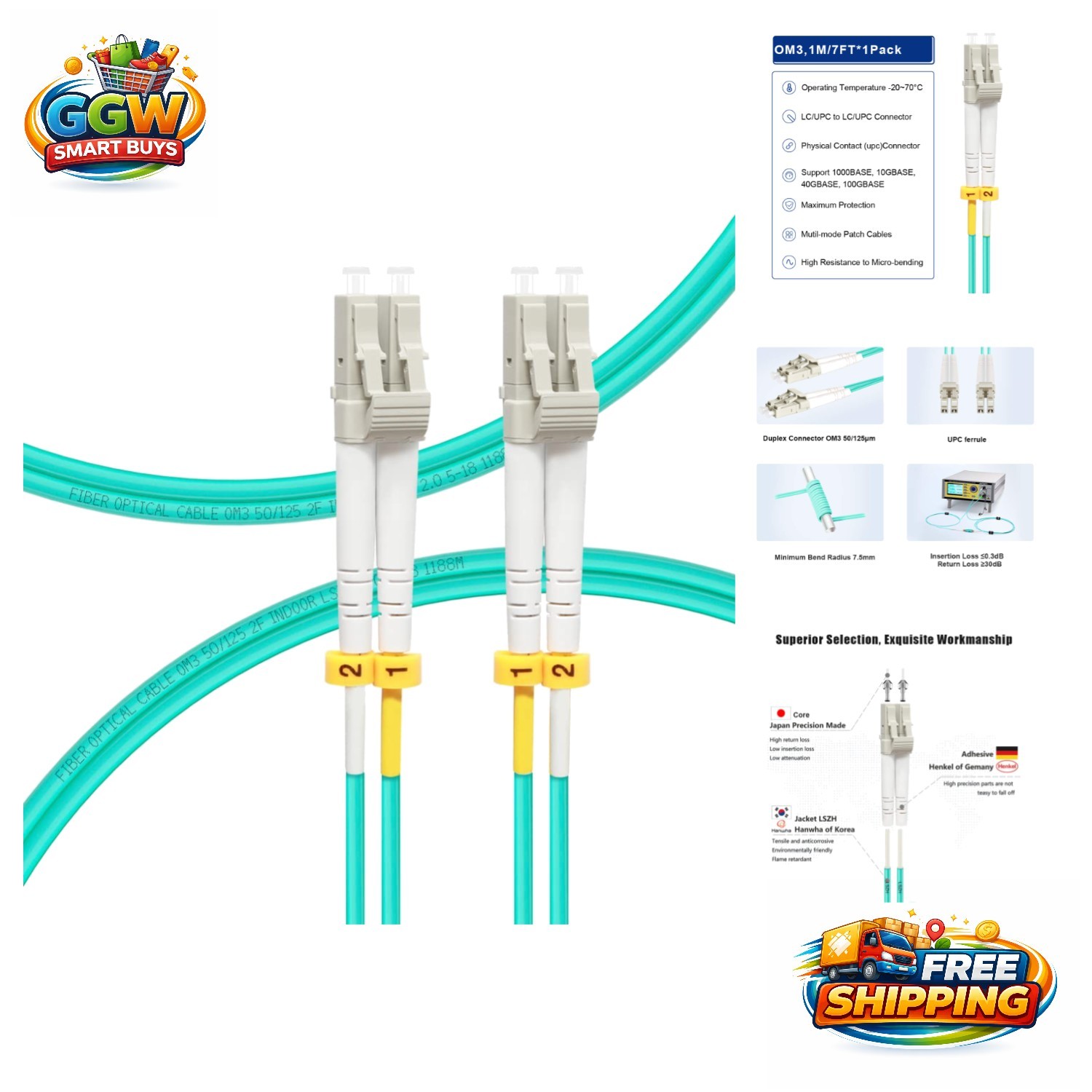 3ft OM3 LC to LC Multimode Fiber Patch Cable - 10Gbps for Clear Connections