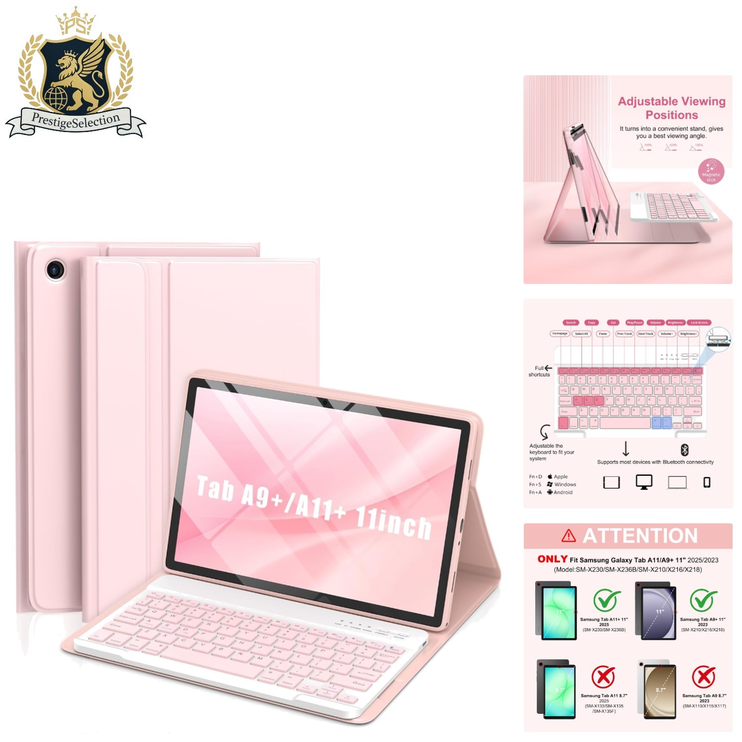 Multi-Angle TPU Leather Galaxy Tab A11 Case with Detachable Pink Keyboard 11"
