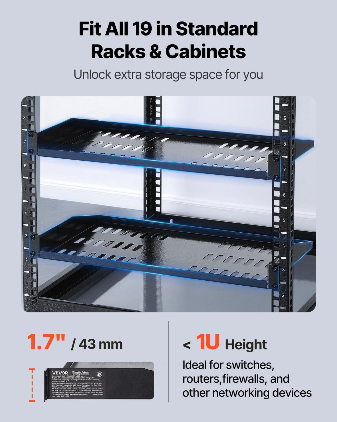 VEVOR 4-Pack 1U Vented Server Rack Shelves | 10" Deep | 50 lb Capacity