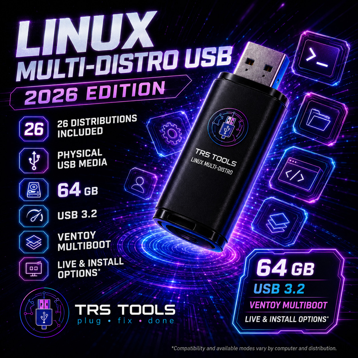 Linux USB 64GB | 26-in-1 Multiboot Media for Testing and Live Use