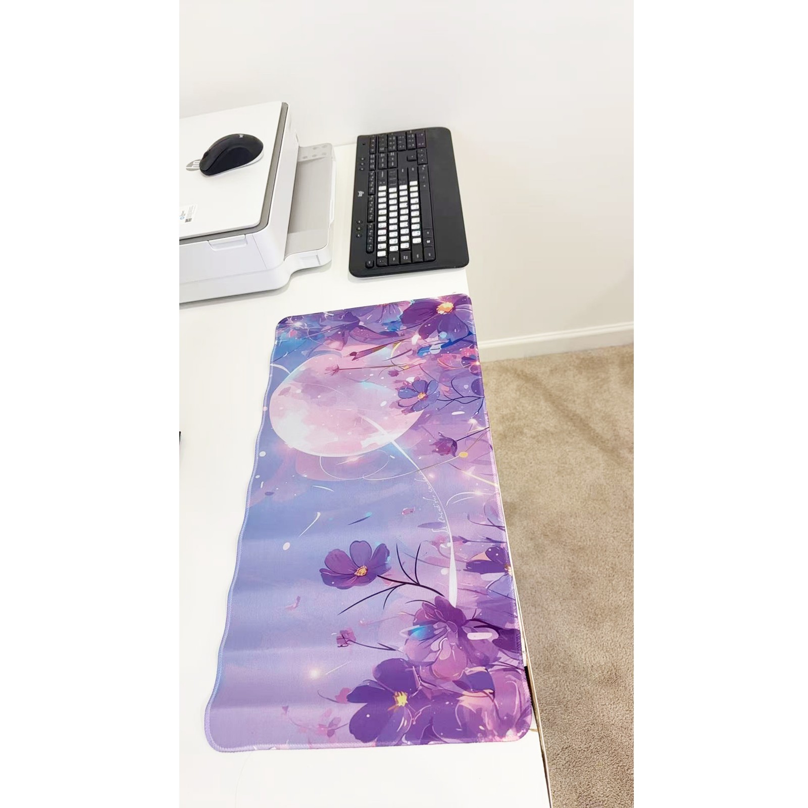 Pastel Purple Floral Large Gaming Mouse Pad 23.6"x11.5" Non-Slip Mat Home Office