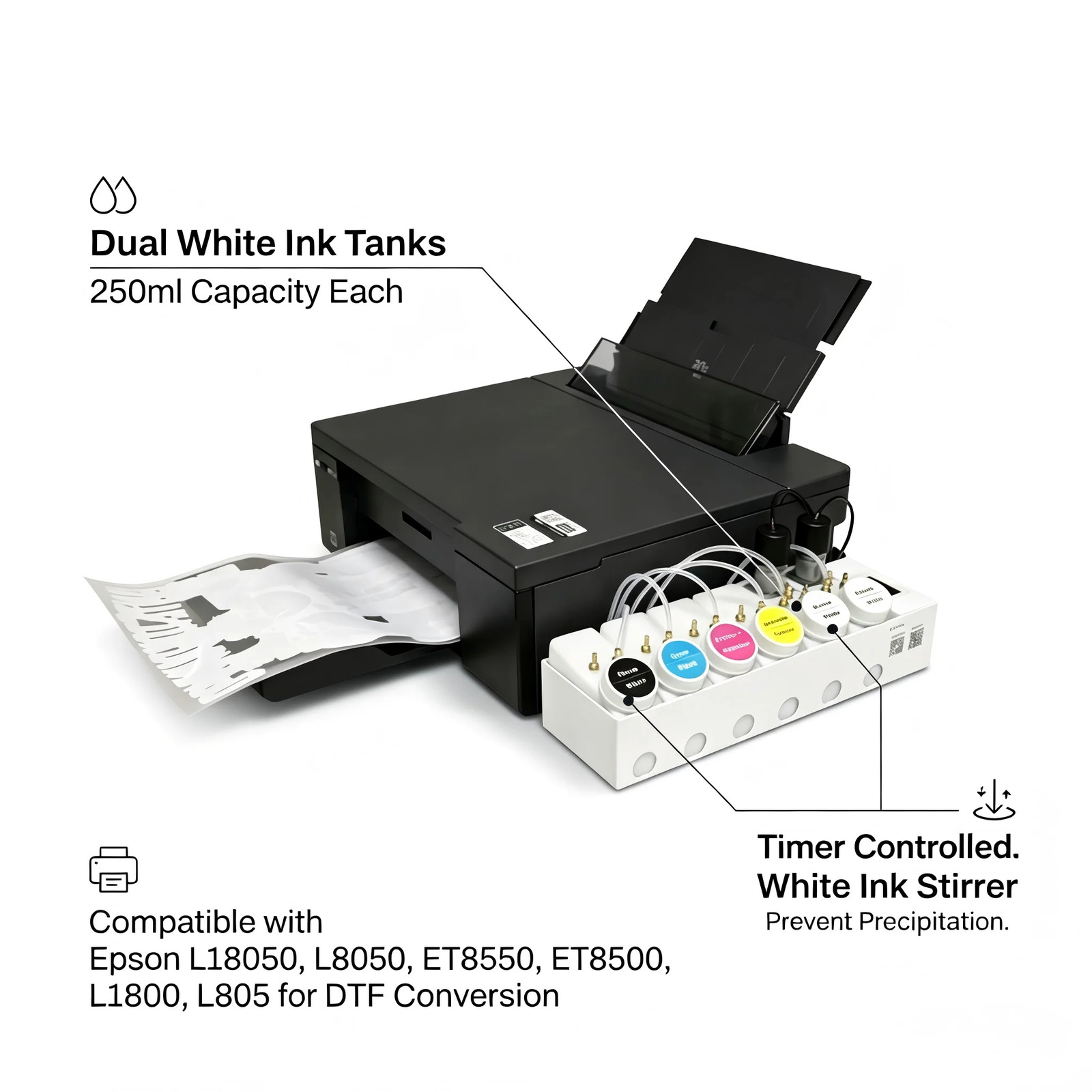 DTF CISS Dual White Ink Tank Shaker 250ML 6 Color for Epson L18050 L8050 ET8550