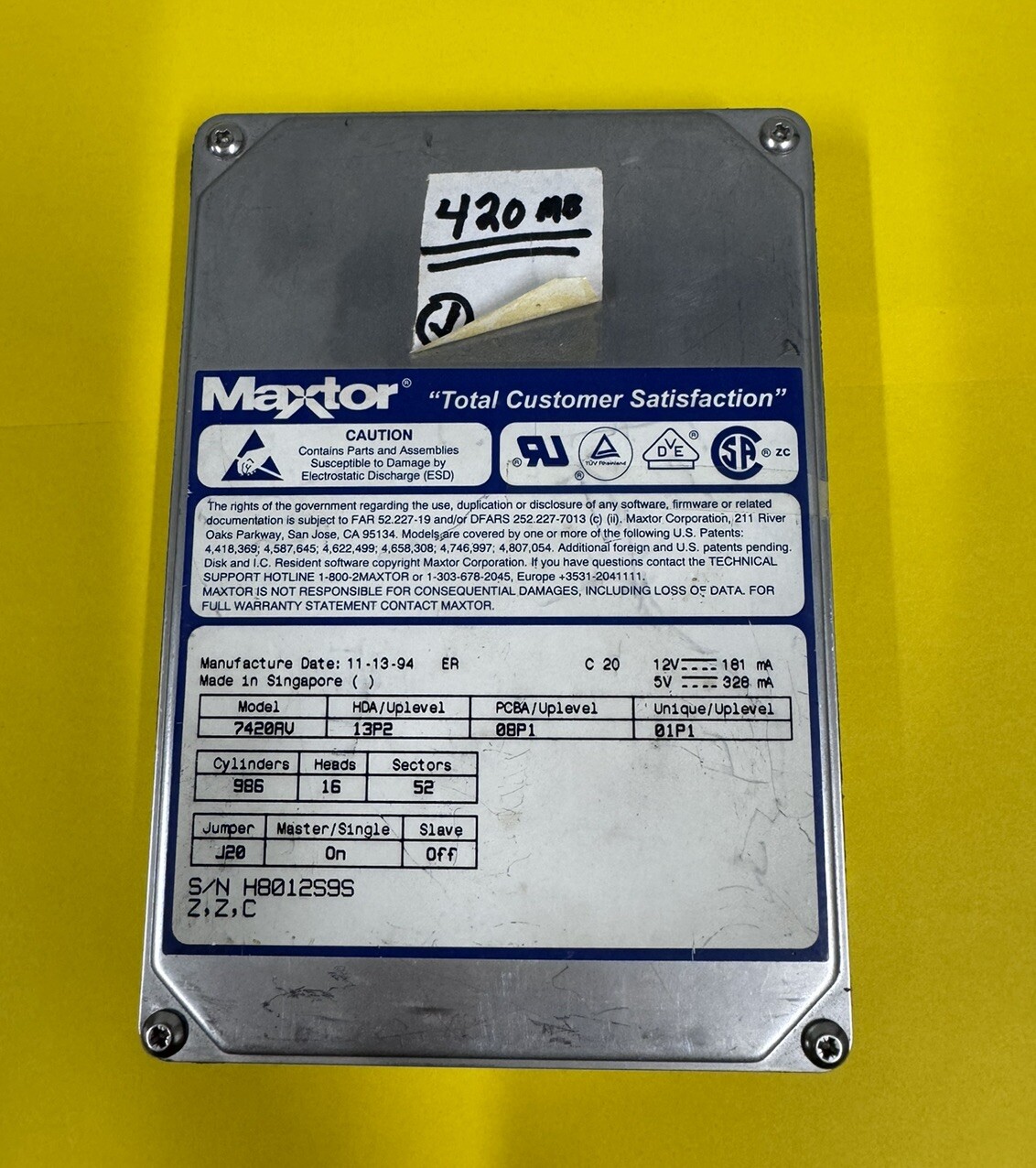 Hard Disk Drive IDE Disk Maxtor 7420AV 13P2 08P1 01P1 11/94 420MB