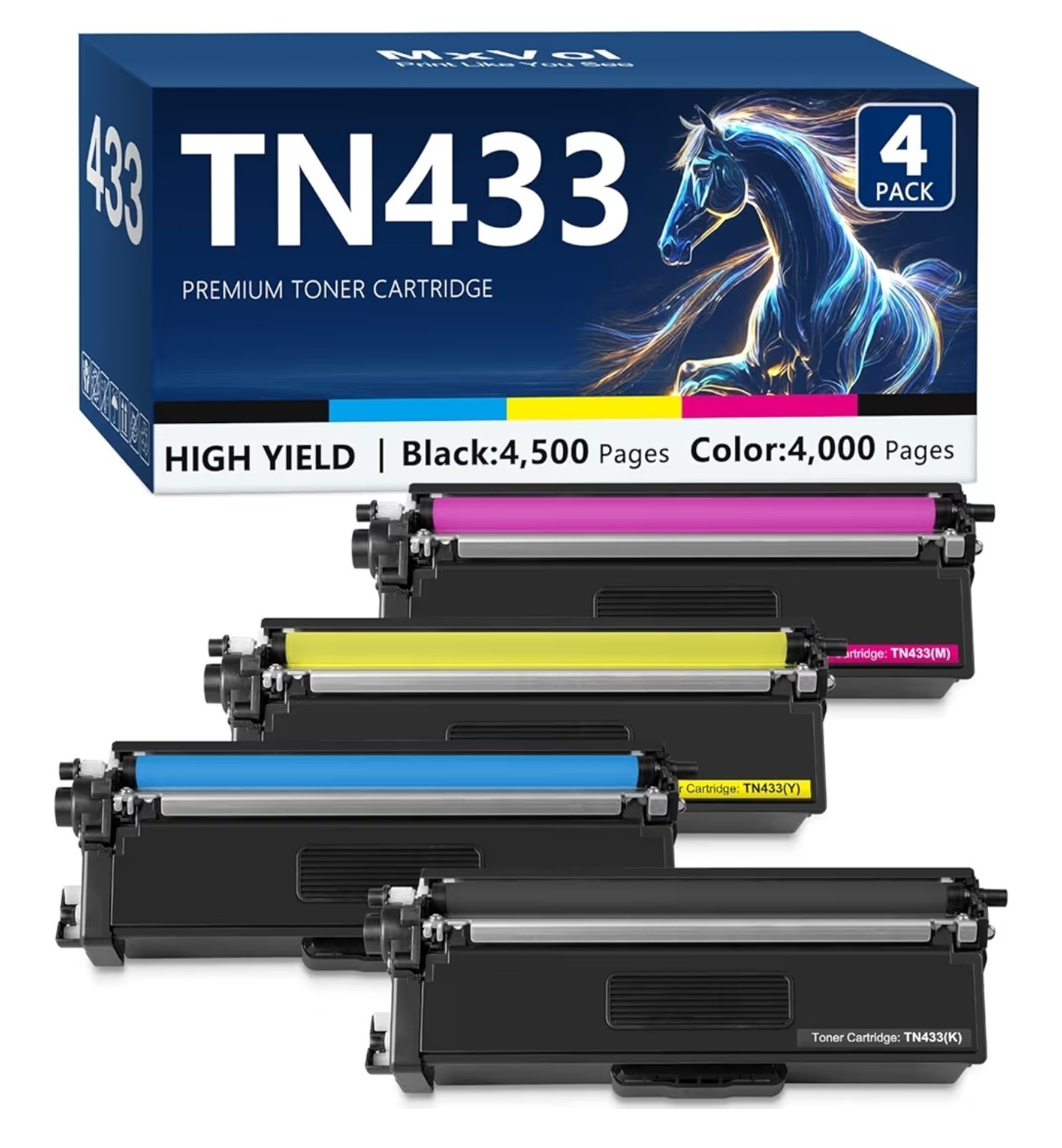 MxVol TN433 High Yield Toner Cartridge Set 4-Color for Brother Laser Printers