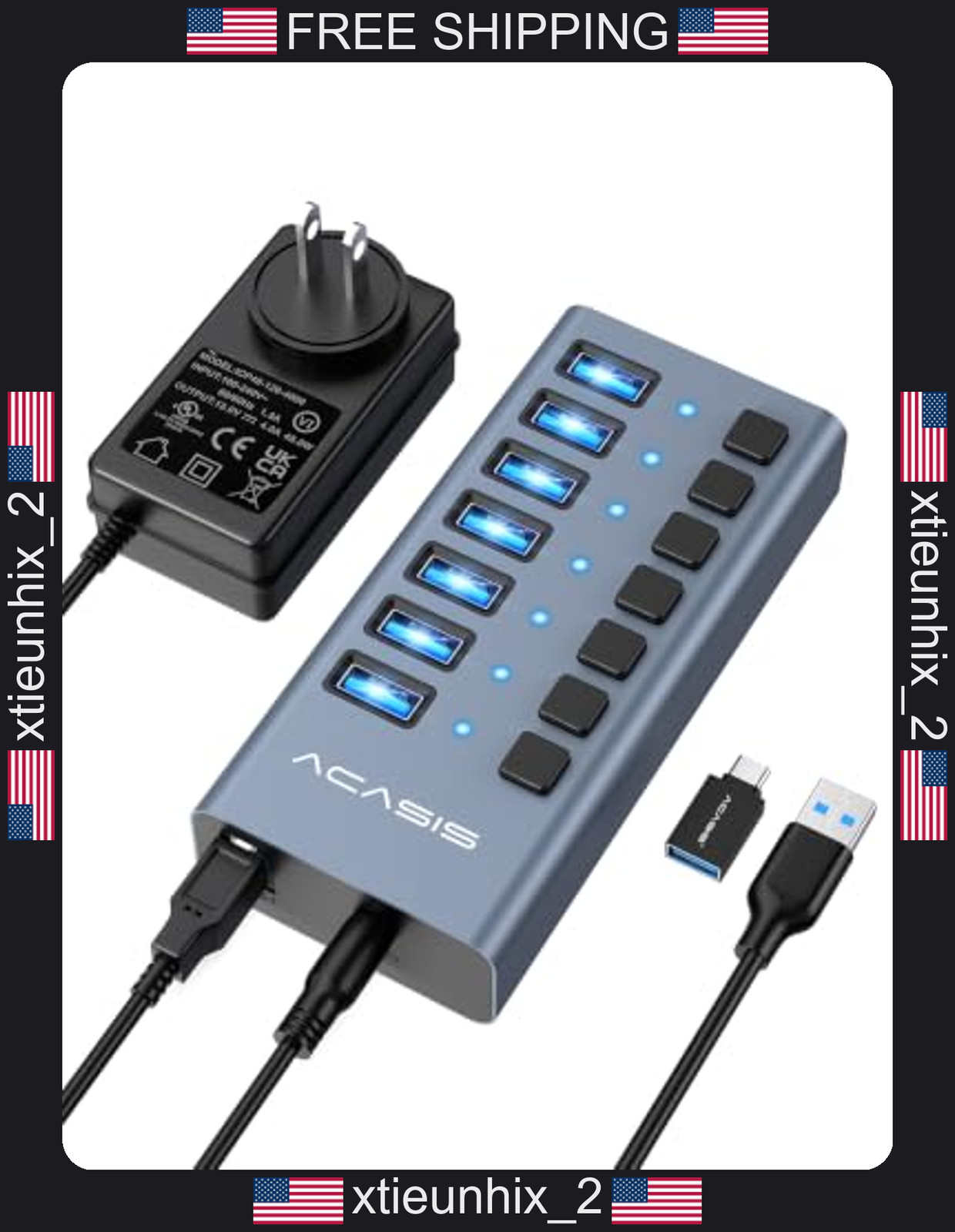 ACASIS USB 3.2 Hub 7 Ports 10Gbps Data Transfer Power Adapter