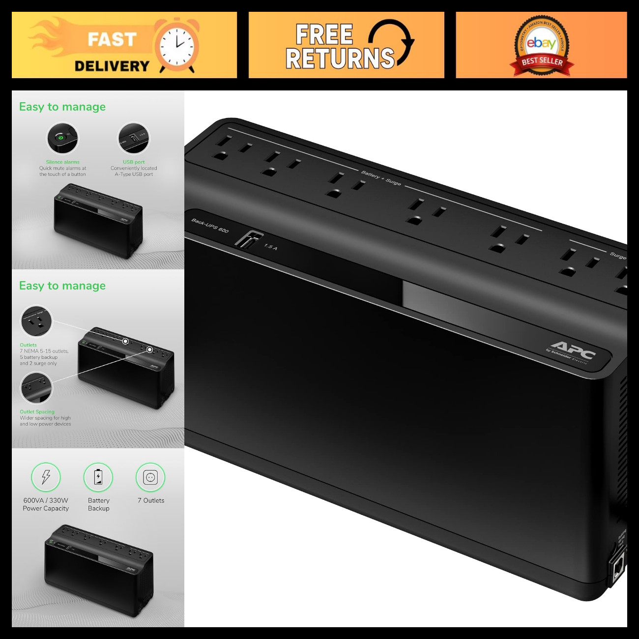 600VA UPS Battery Backup & Surge Protector for Computer, Router, NAS Devices