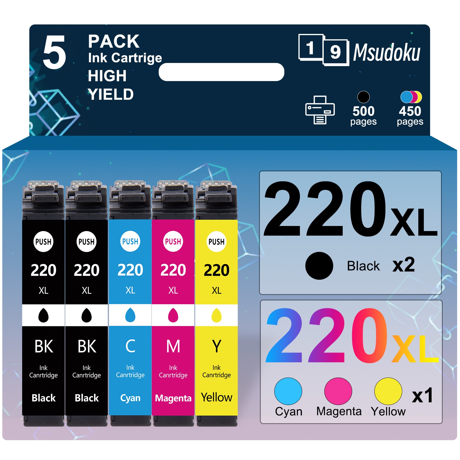 5-Pack T220XL 220XL Ink Cartridges For Epson WorkForce WF-2760 WF-2650 WF-2750