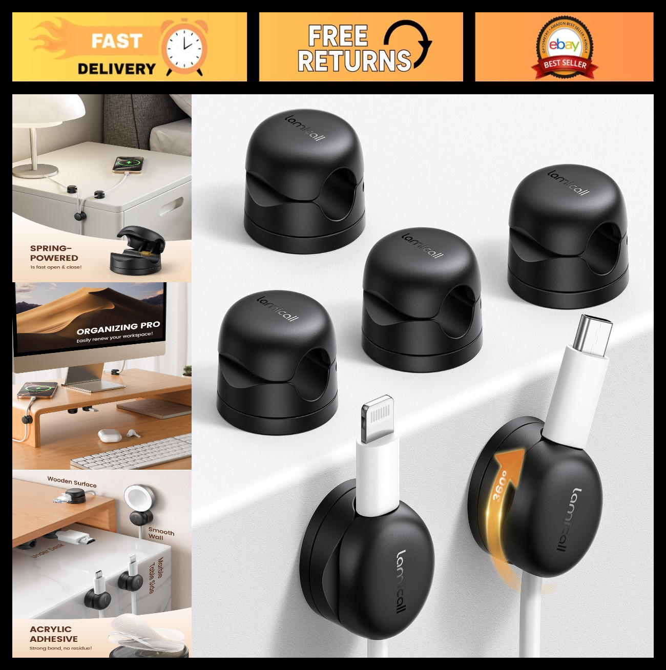 6 Pack Rotatable Cable Organizer Clips - Desk & Nightstand Wire Management, Adhe