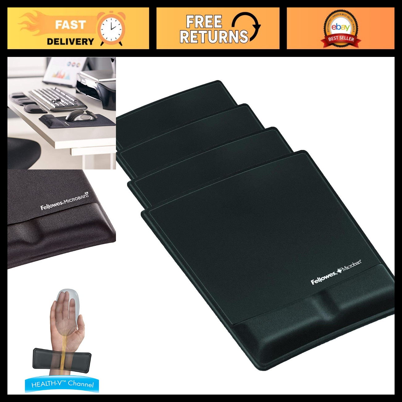 Ergonomic Mouse Pad with Wrist Support & Microban Protection - Black, 4 Pack