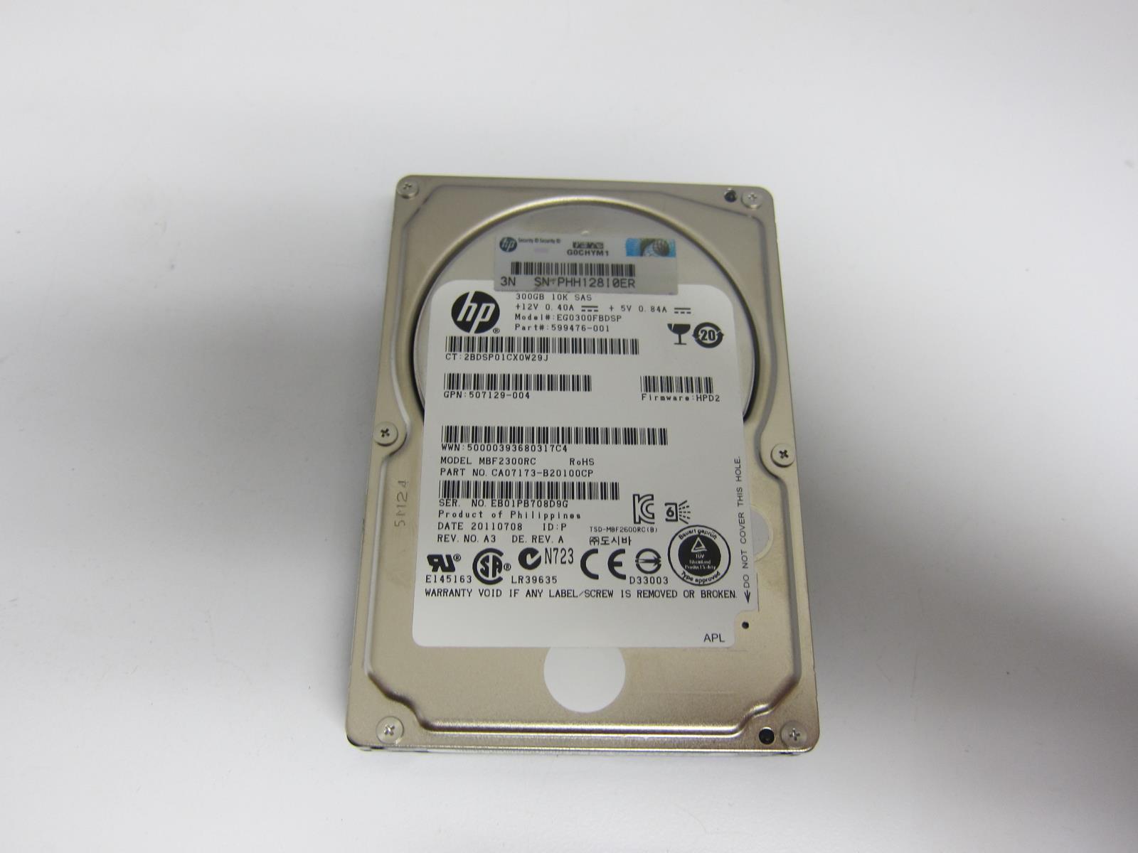 HP 300GB 6G DP 10K RPM 2.5" SAS HD EG0300FBDSP MBF2300RC 599476-001 (A)