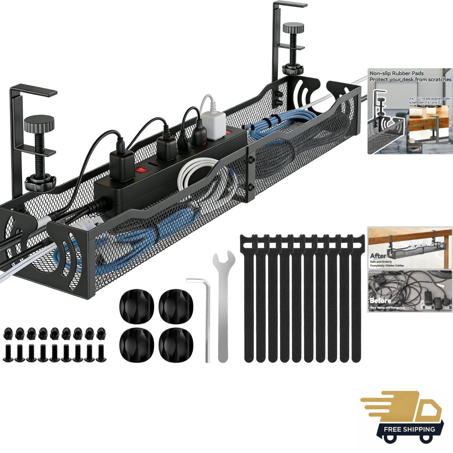 Effortless Clamp-On Cable Management System - 25.3'' Under Desk Solution