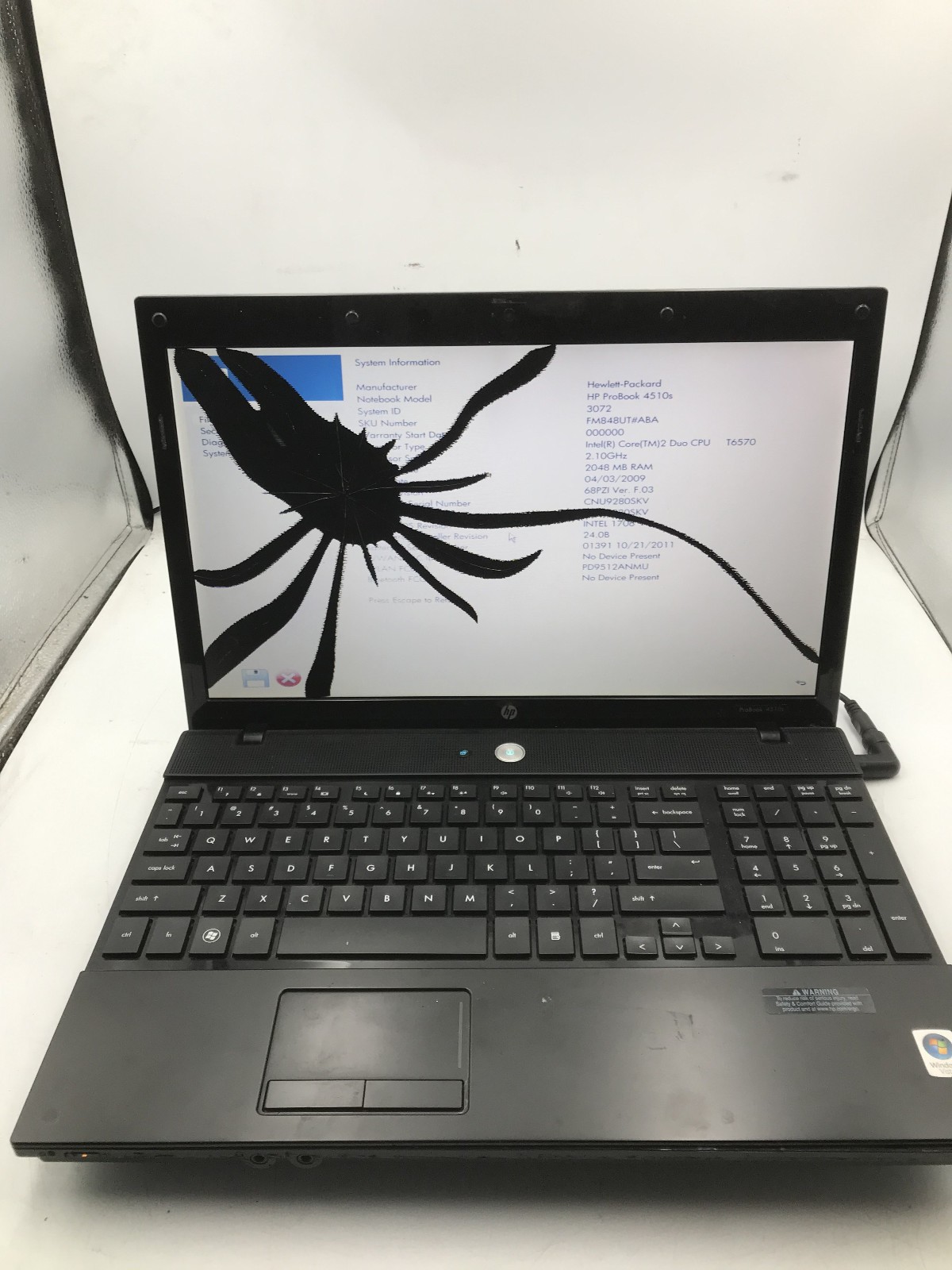 HP PROBOOK 4510S - BOOTS TO BIOS/BAD LCD - INTEL 2 DUO T6570 - 2GB RAM -READ- BB