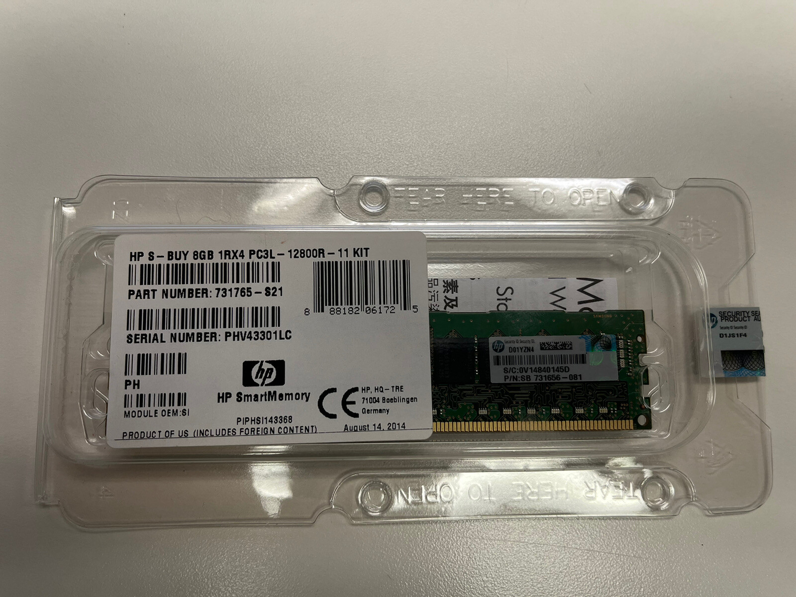 731765-S21 HP 8GB PC3L-12800R 1Rx4 Smart Memory 8GB RAM
