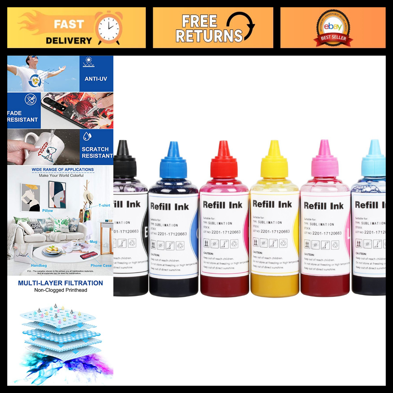 6 Color Sublimation Ink Refill Kit for Epson Artisan 1430 1400 L805 L800 Printer
