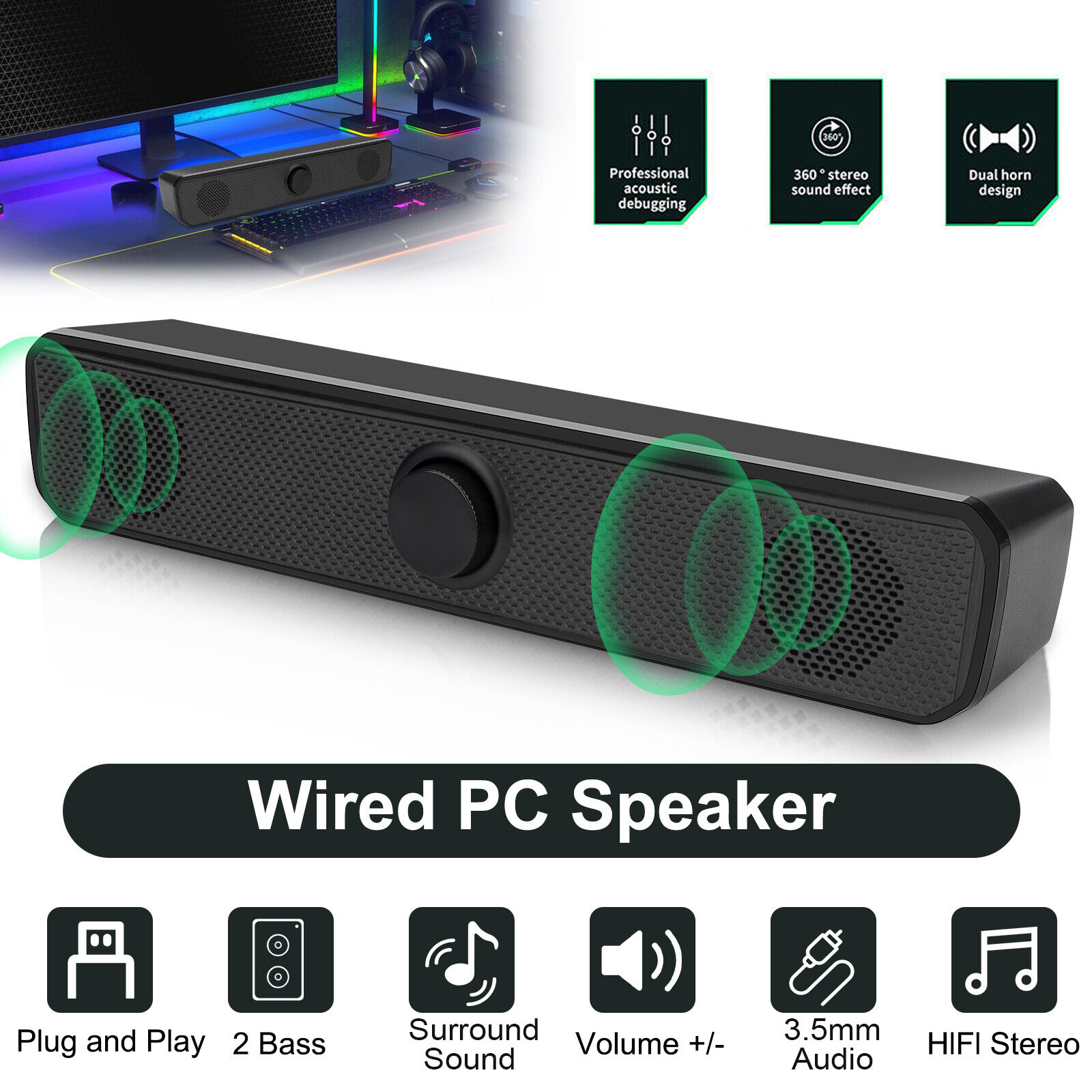2.0 Stereo Bass Sound Computer Speakers 3.5mm USB Wired Soundbar for PC Desktop