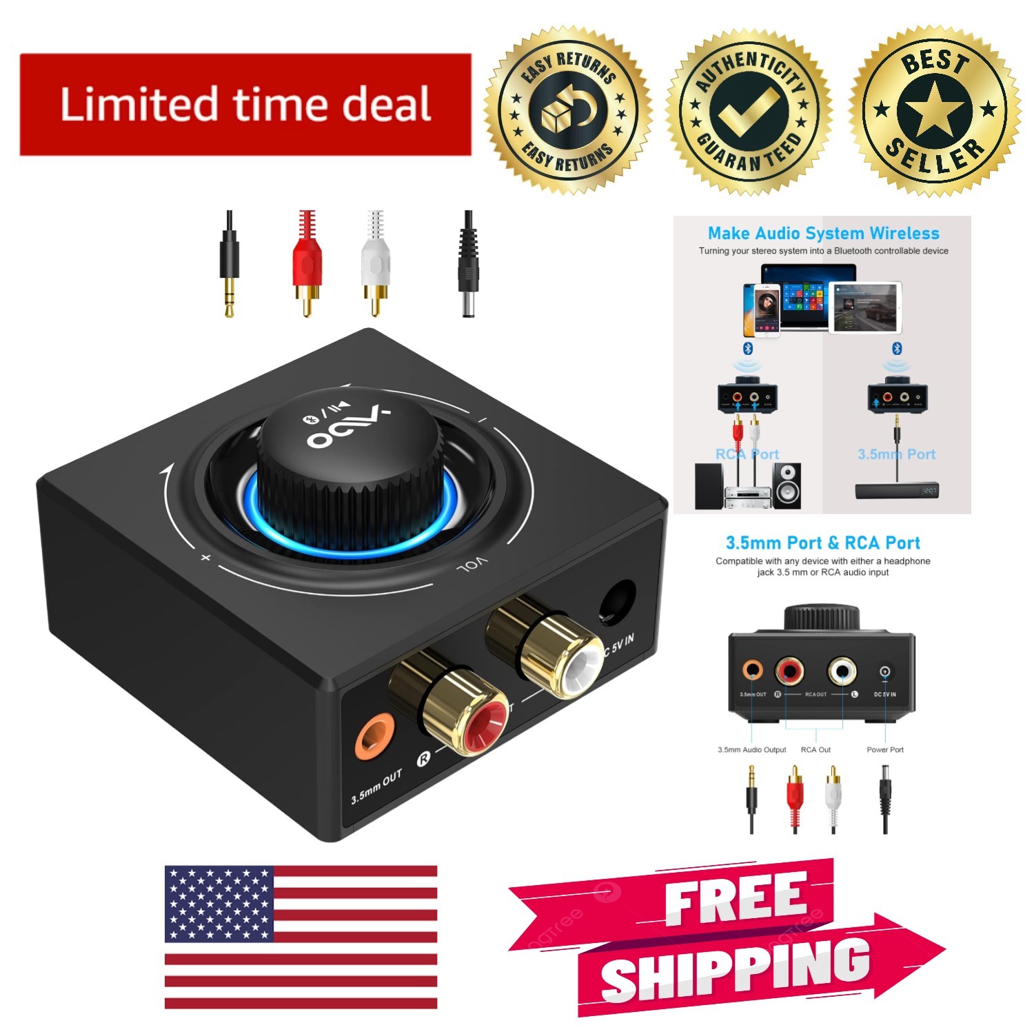 Compact Bluetooth 5.3 Receiver with 100ft Range - Enhance Your Stereo Experience