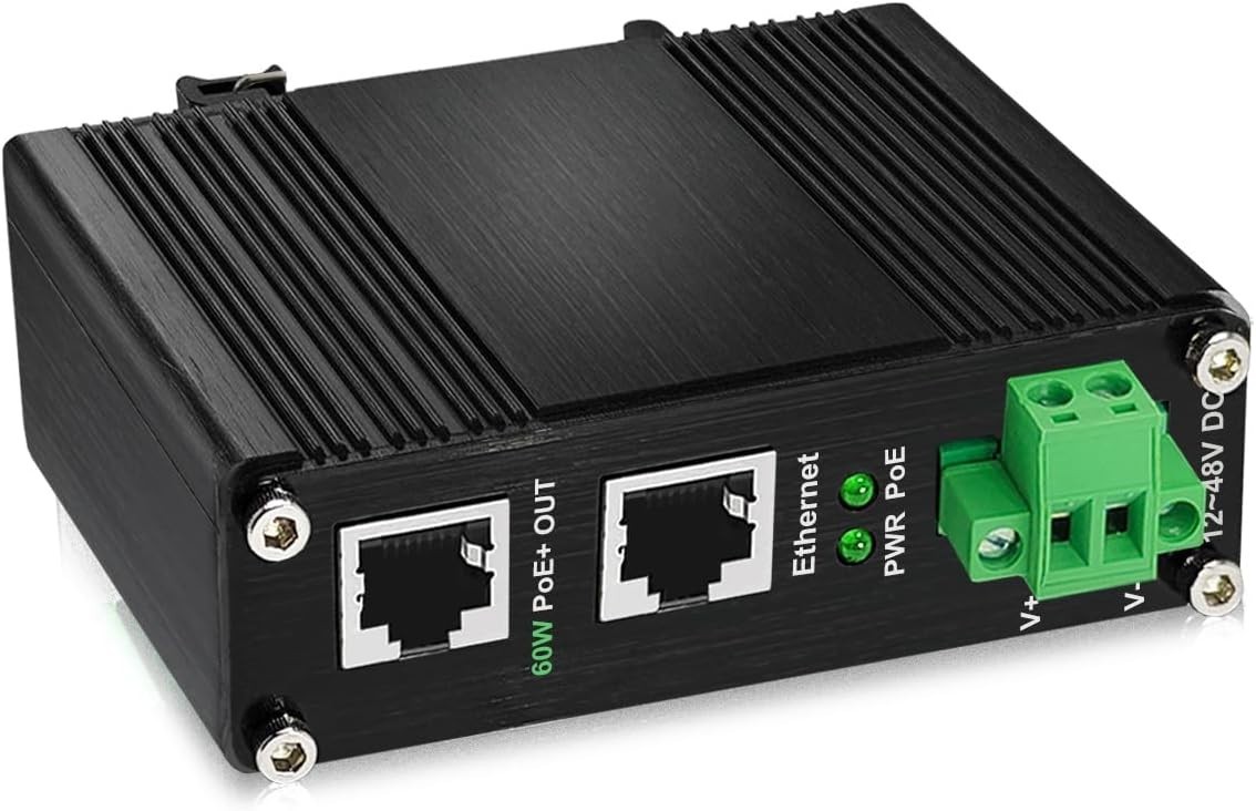 Industrial 60W PoE Injector Gigabit IEEE802.3at 48V DC 12-48V DIN Rail Mount