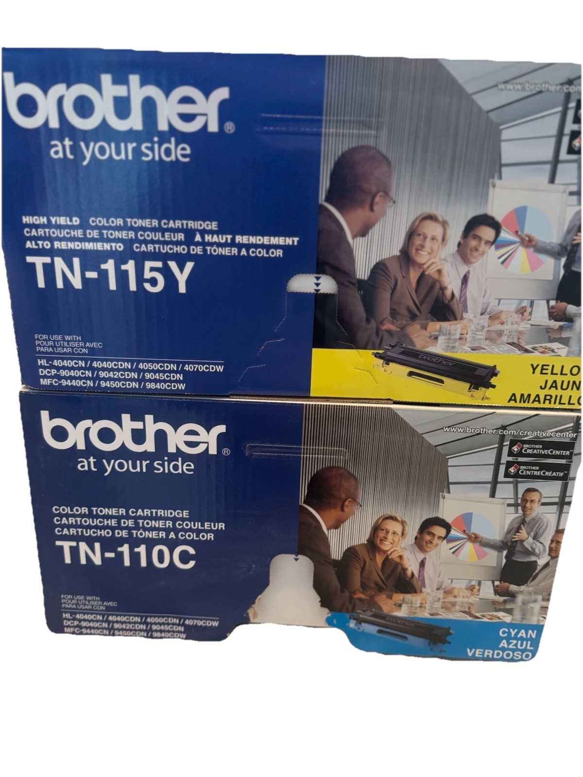 Two (2) Genuine High Yield Brother Toner Cartridges TN-115Y Yellow, TN-110C Cyan