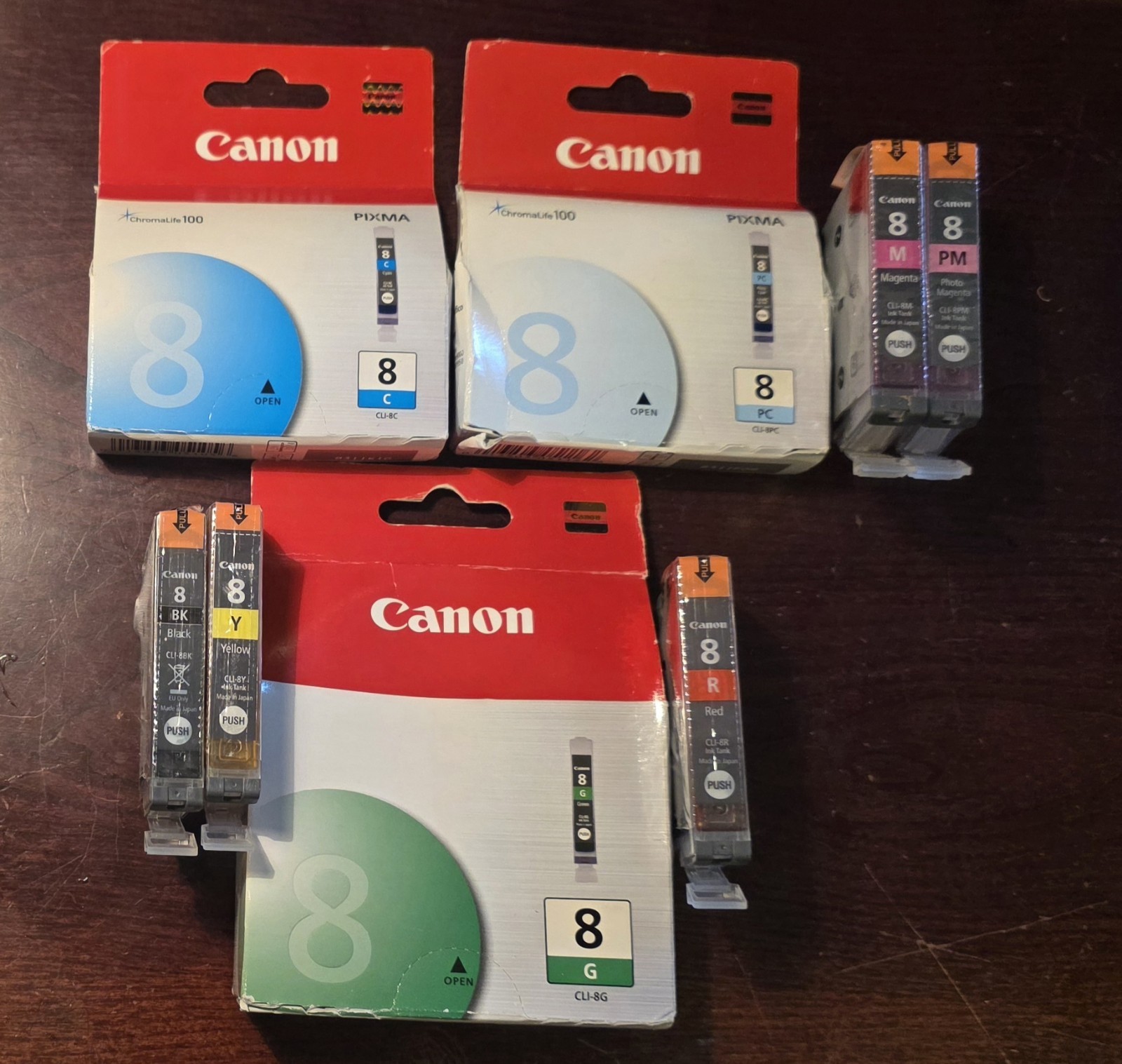 Genuine 8Pk Canon CLI-8 8 (Bk, C, M, Y, PC, PM, R, G) Ink Cartridges
