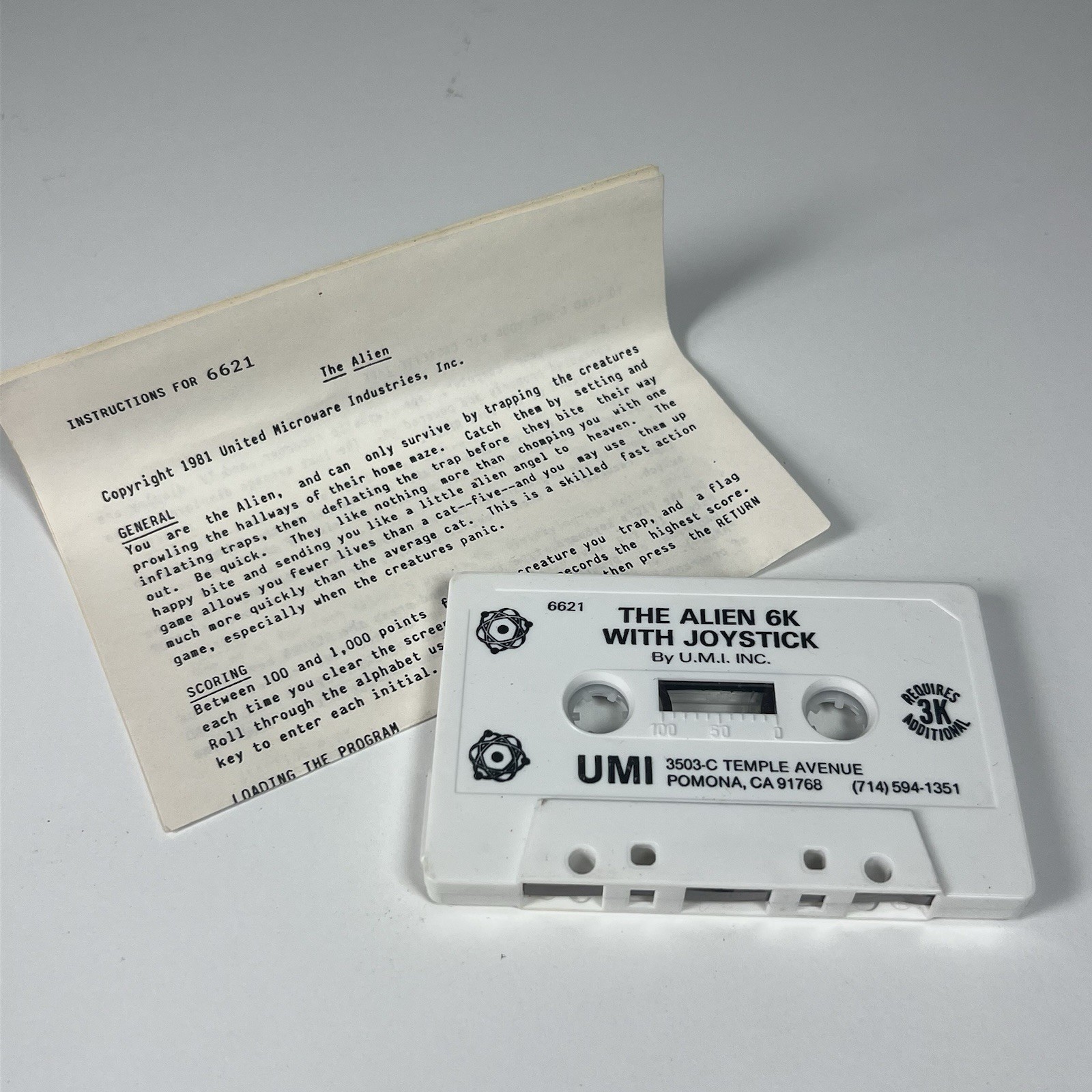 The Alien 6K UMI 6621 Commodore VIC-20 Cassette w/ Instructions 1981 Rare