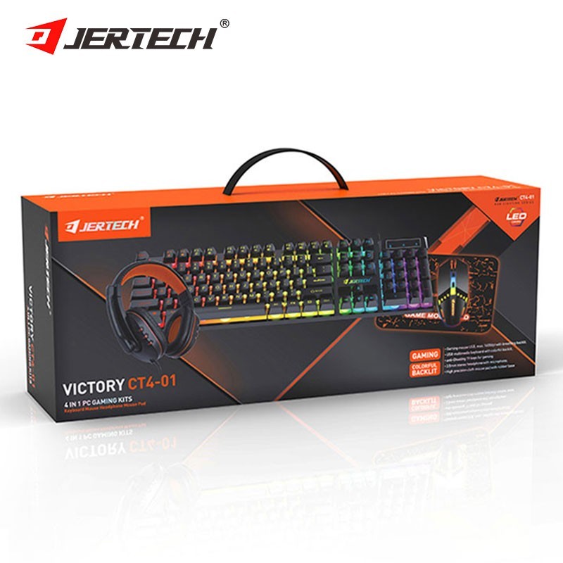 JERTECH Keyboard & Mouse Bundle Game Accessories 4 in 1 Set Headset Mousepad LED