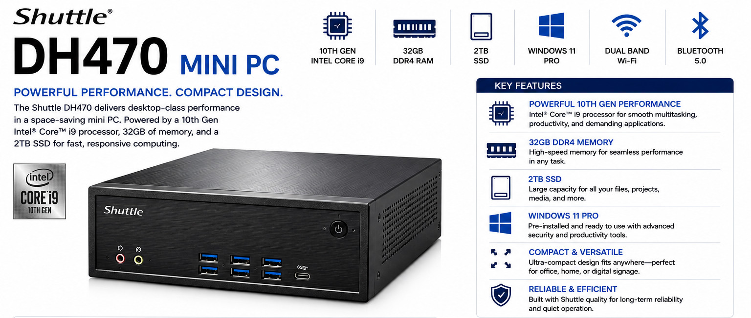NEW Shuttle DH470 Mini PC Intel Core i9 32GB RAM 2TB SSD Win11Pro Tiny Desktop