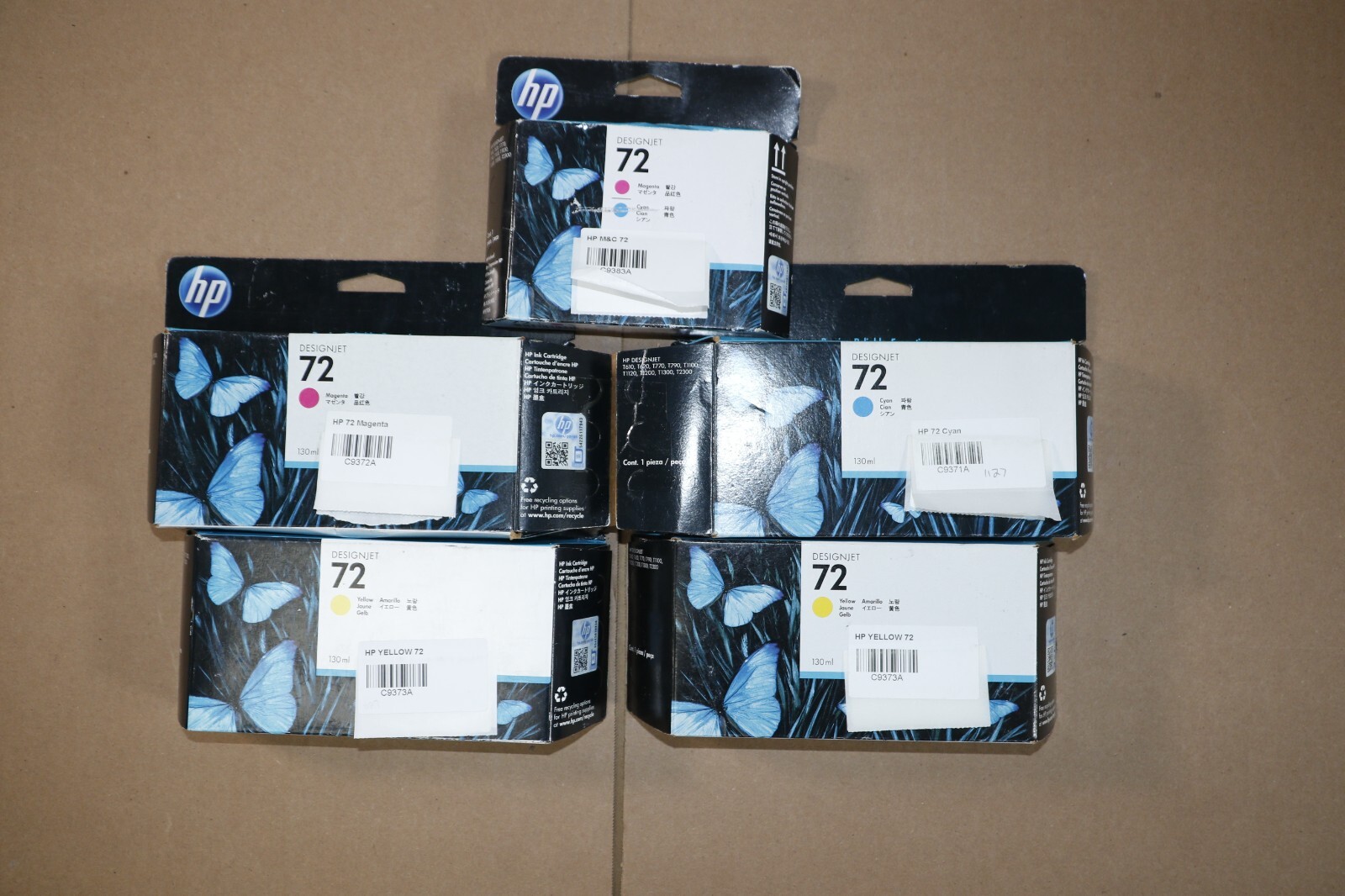 5 OEM HP 72 Designjet T610 Cyan,Magenta,Yellow Inks C9371A,C9372A,C9373A,C9383A
