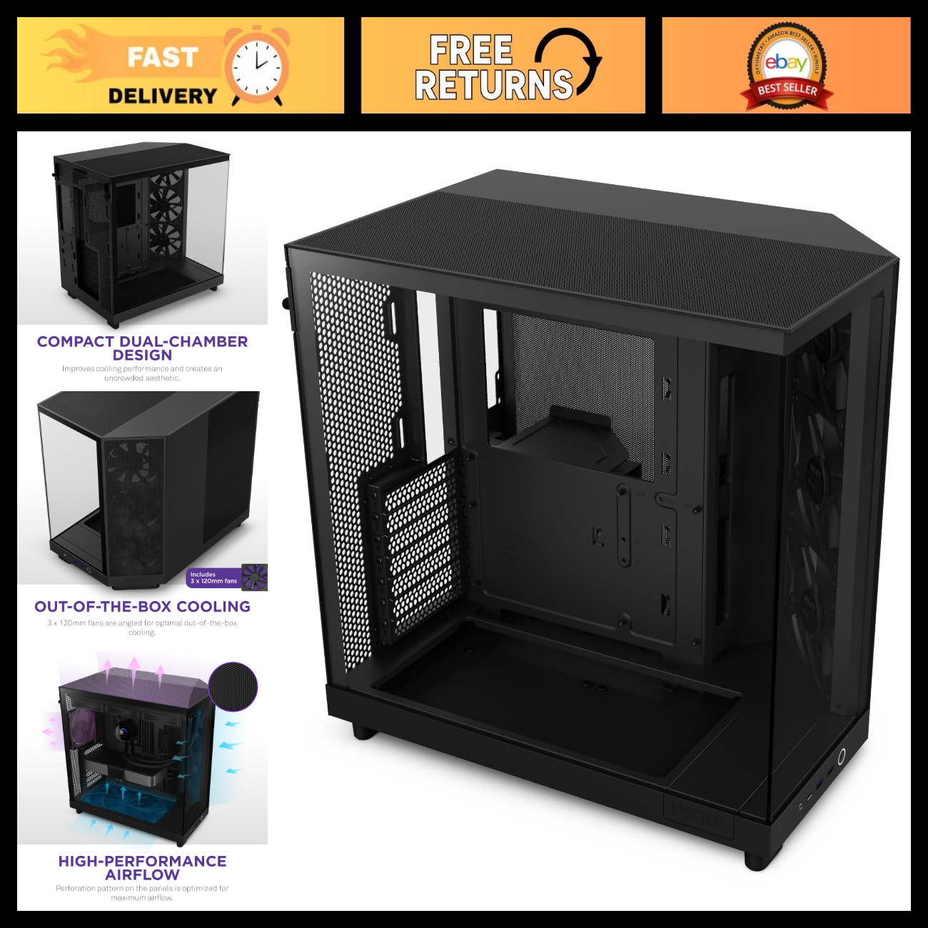 Compact Dual-Chamber Mid-Tower Case | Panoramic Glass | High Airflow | 3 x 120mm