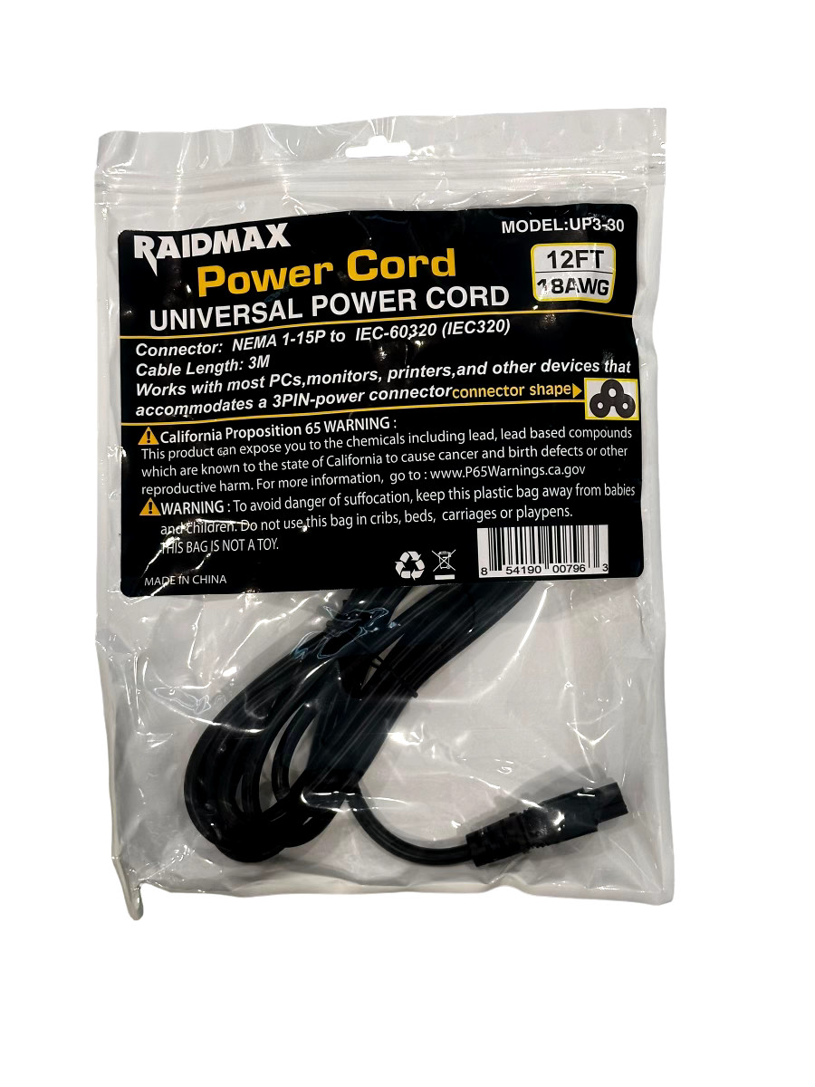 Power Cord 12ft 18 Gauge Universal 3 Pin Power Cord Gaming PC Monitor Printer