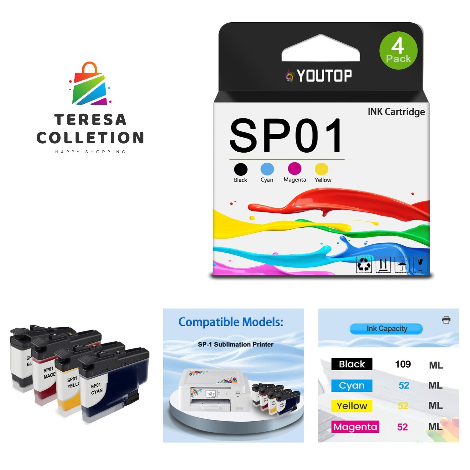 SP01 Sublimation Ink Cartridges 4-Pack: High Yield Compatible with SP-1 Printers