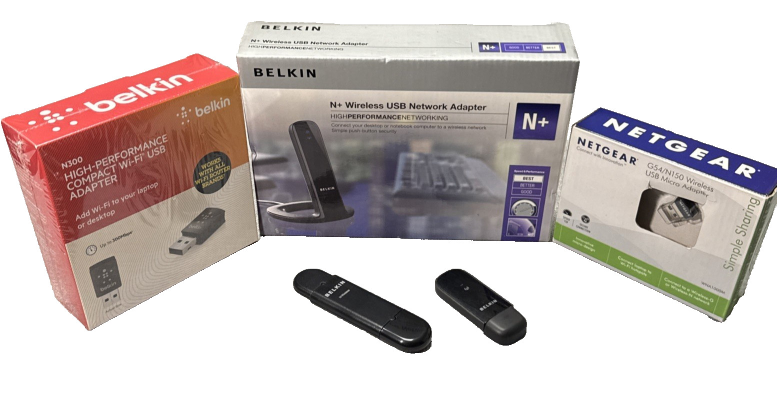 Belkin Wi-Fi USB Adapter N300, Belkin N+ Adapter, Netgear Micro Adapter, Bundle