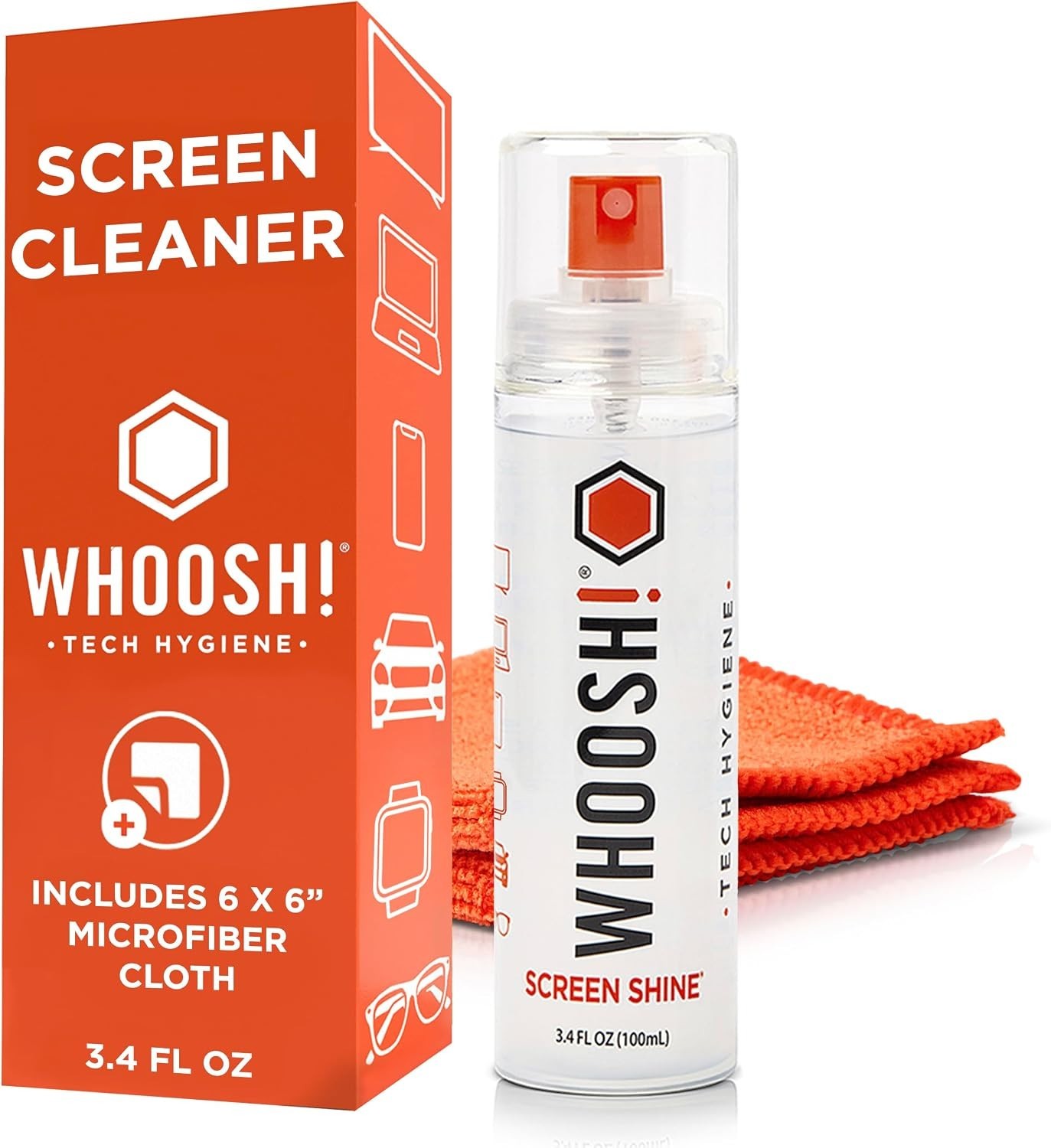 WHOOSH Screen Shine Go XL - 3.4 fl oz with Microfiber Cloth - Powerful Streak-F