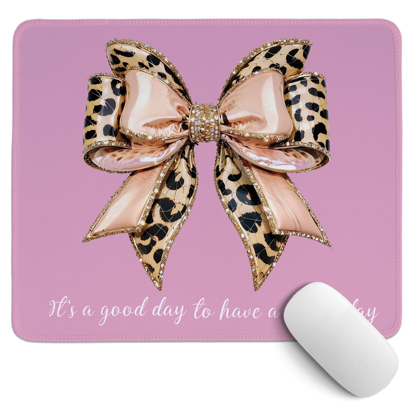 Pink Leopard Bow Mouse Pad,Coquette Pink Cheetah Bow Desk Pad,Girly Preppy Po...
