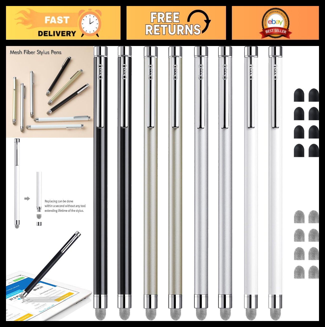 8 Pcs Touch Screen Stylus Pens - Capacitive with Replaceable Mesh & Rubber Tips