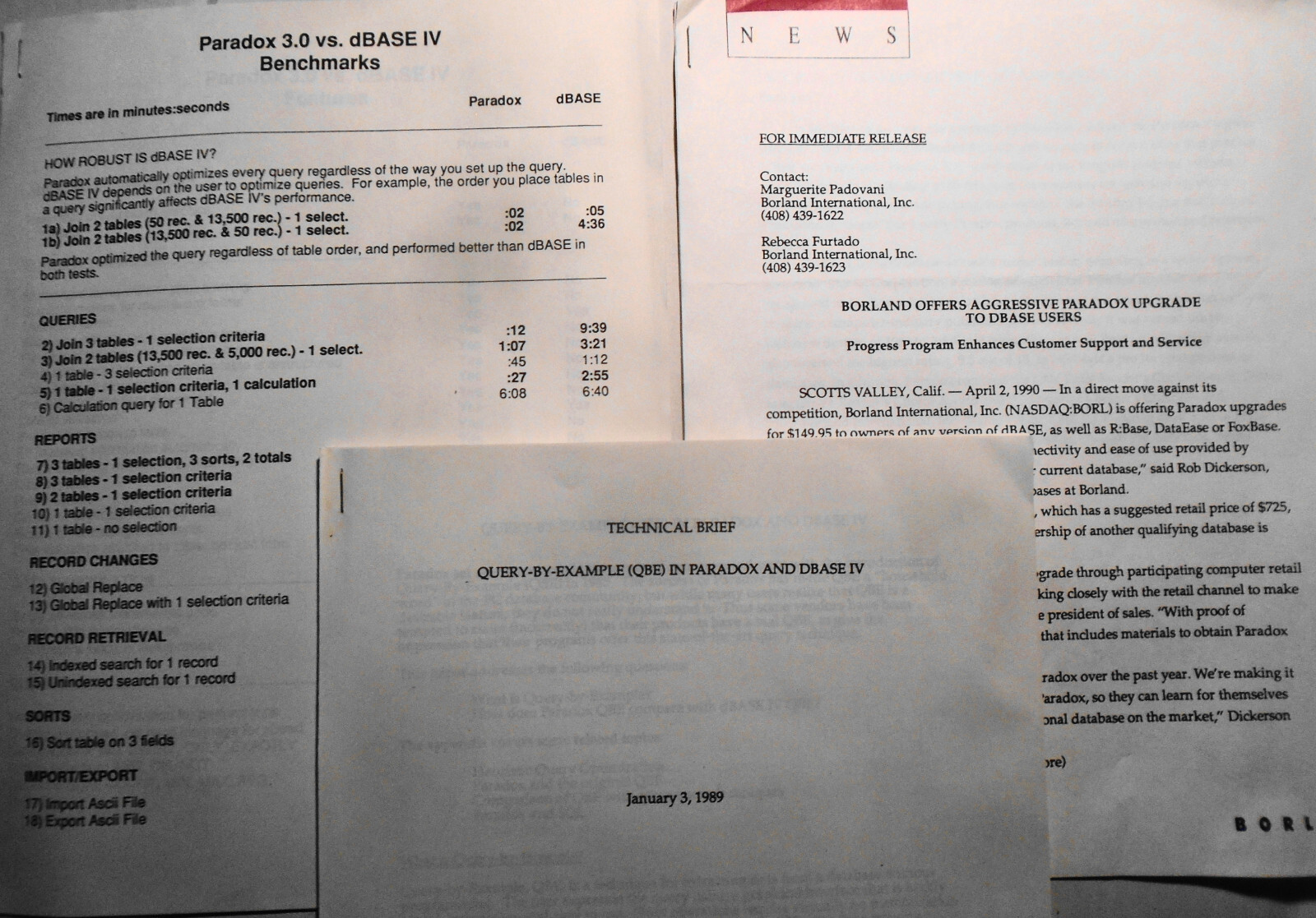 Paradox vs dBase IV - Benchmarks + Technical Brief & Borland Press release, 1990