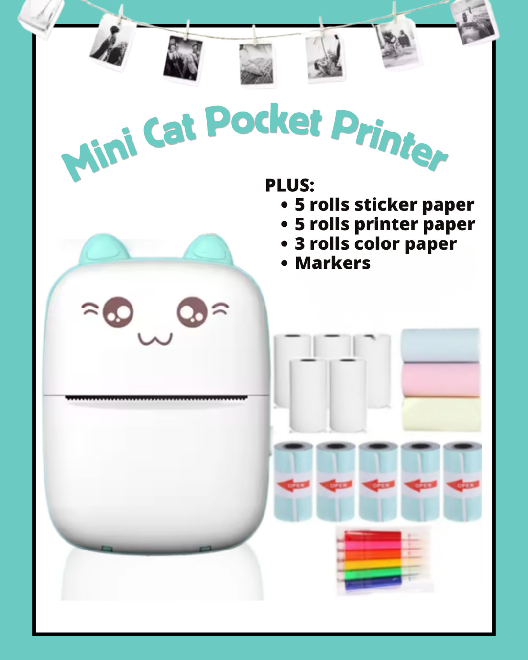  Mini Cat Thermal Bluetooth Pocket Printer Bundle 5 Sticker Rolls+ 5 Paper ...
