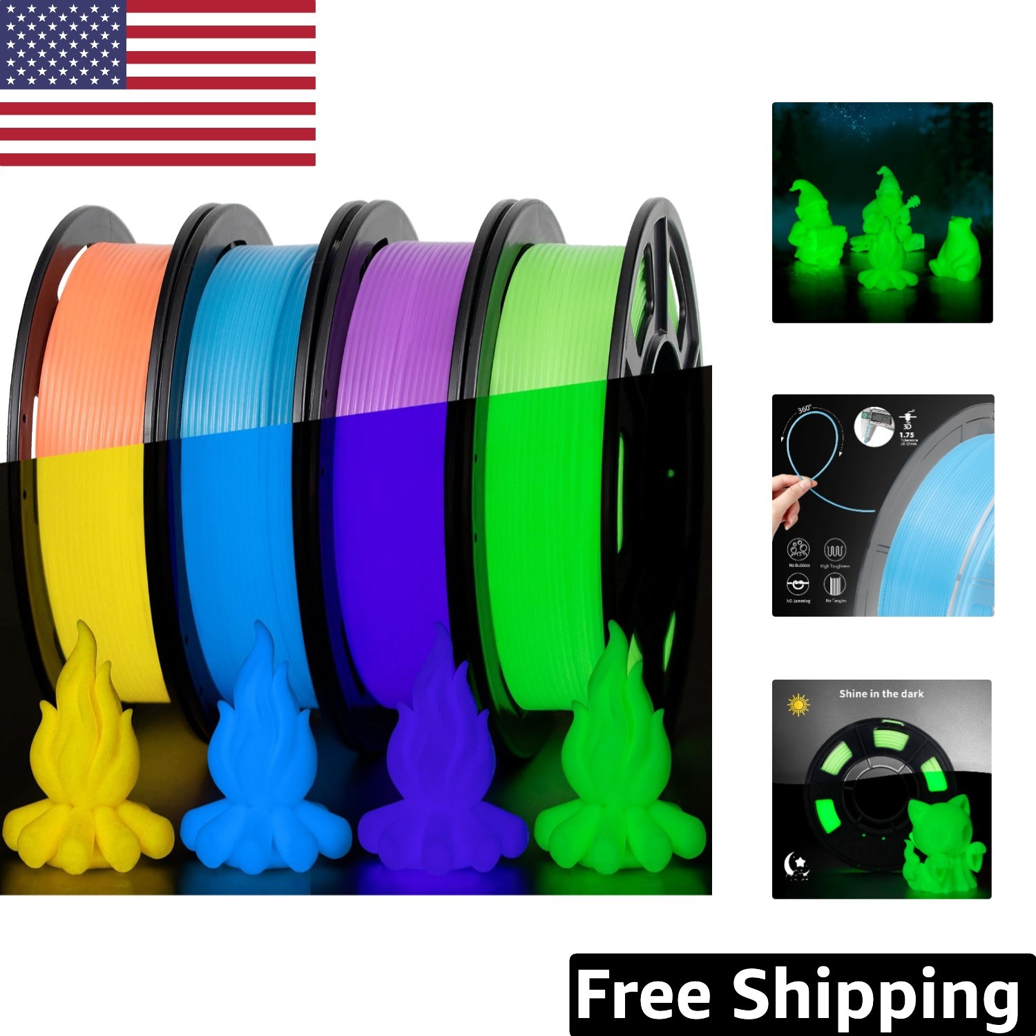 Dynamic Glow in the Dark PETG Filament - 1.75 mm, 4 Rolls for Creative Projects