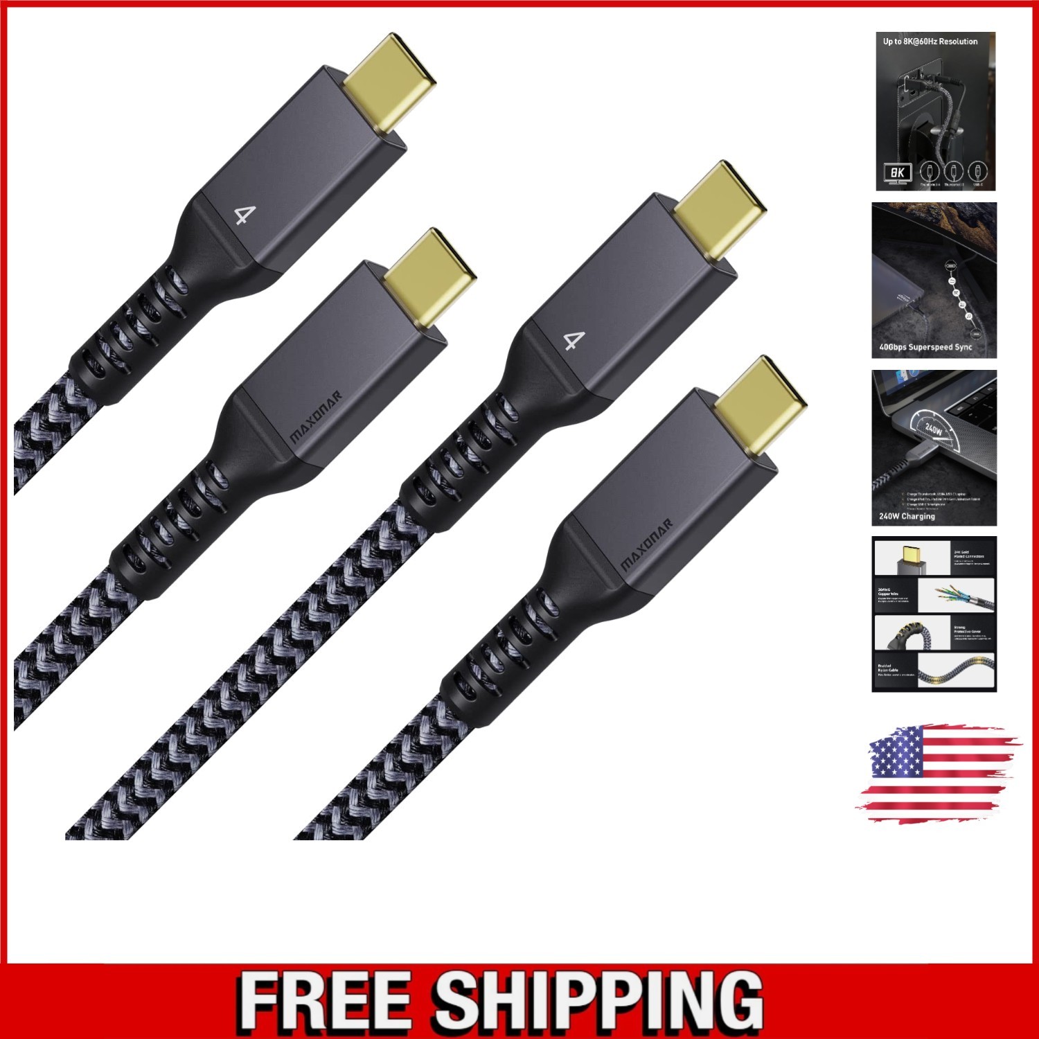 2-Pack Thunderbolt 4 Cable 3.3FT | 40Gbps Data & 240W Fast Charging | 8K Display